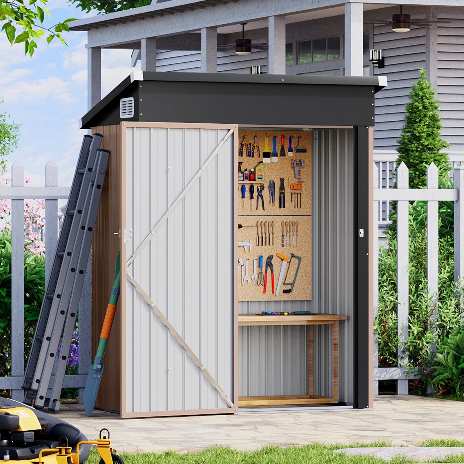 Aoxun 4.9x2.9 FT Outdoor Storage Shed - Metal Garden Shed, Waterproof Garden Tool Shed with Lockable Doors, Perfect for Backyard, Patio, Poolside (Brown)