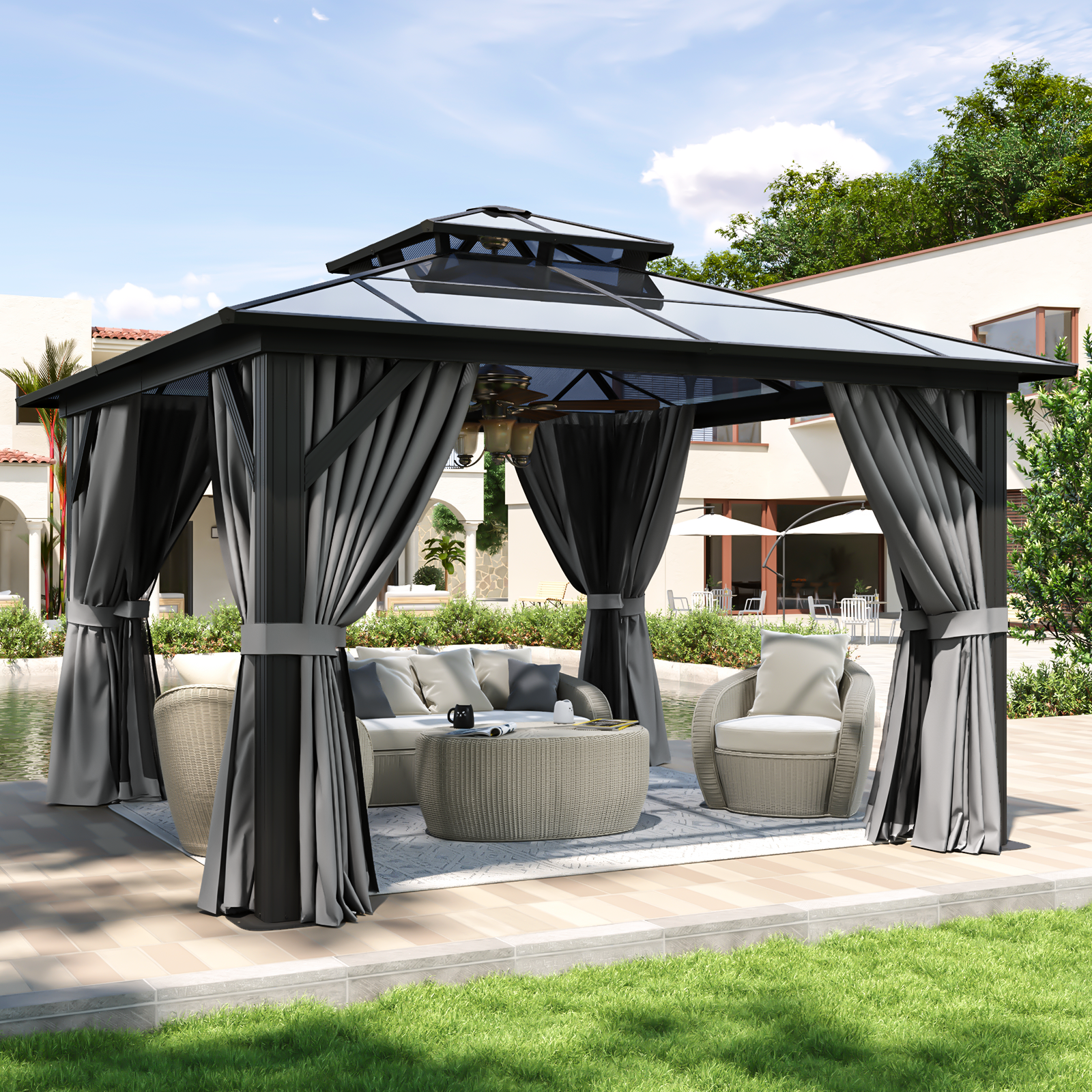 Hardtop Gazebo, Aluminum Frame Permanent Pavilion with Curtains and Netting, Outdoor Polycarbonate Double Roof Canopy, Designed for Garden, Lawns, Patio, Gray