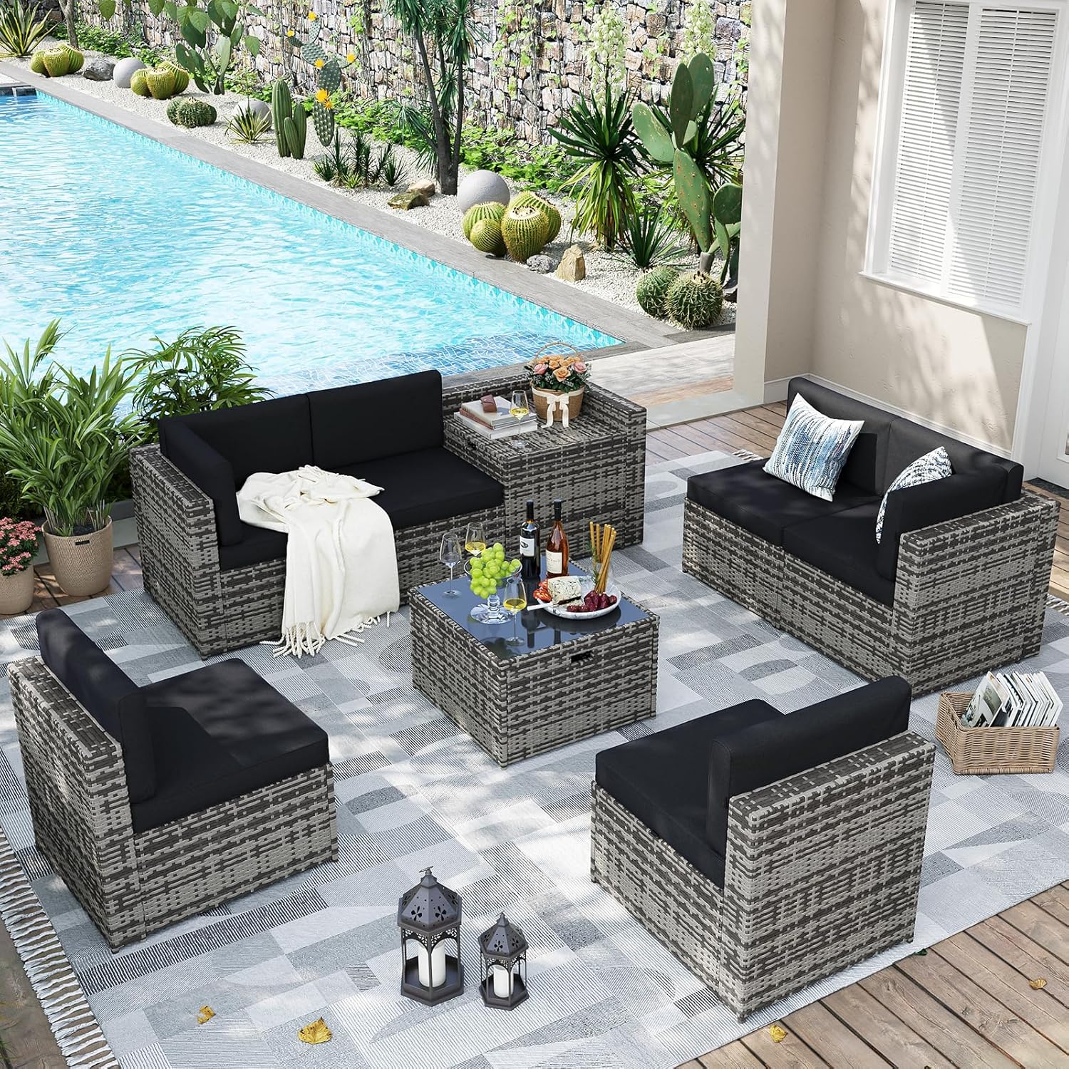 Aoxun 8 Piece Patio Furniture Set, Wicker Outdoor Furniture Set with Storage Box and Glass Top Table, Patio Sectional Set with Thickened Cushions and Include Waterproof Cover