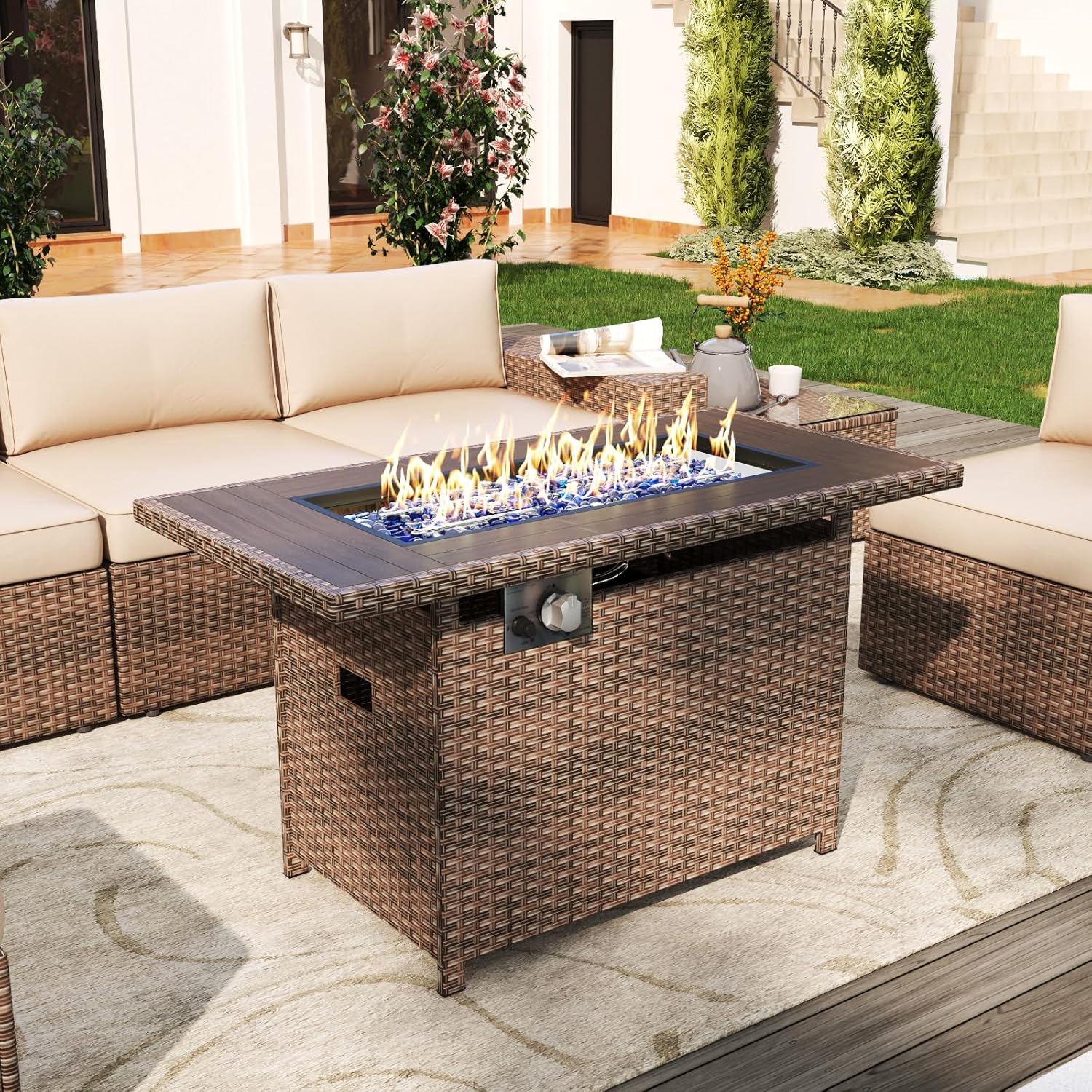 Aoxun 44" Propane Fire Pit with Storage 60,000 BTU Outdoor Wicker Fire Table CSA Certified Patio Rectangular Gas Fire Pit Table with Firepit Lid and Waterproof Cover