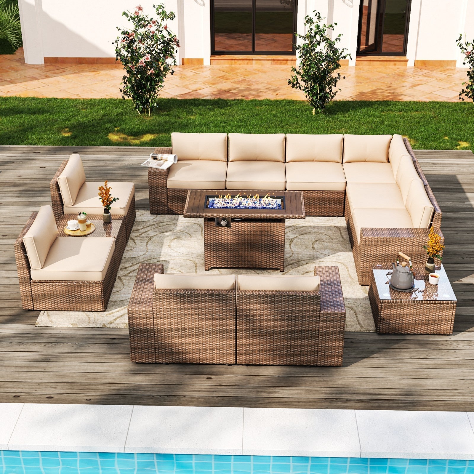 Wicker Patio Furniture Sofa Set with Fire Pit Table