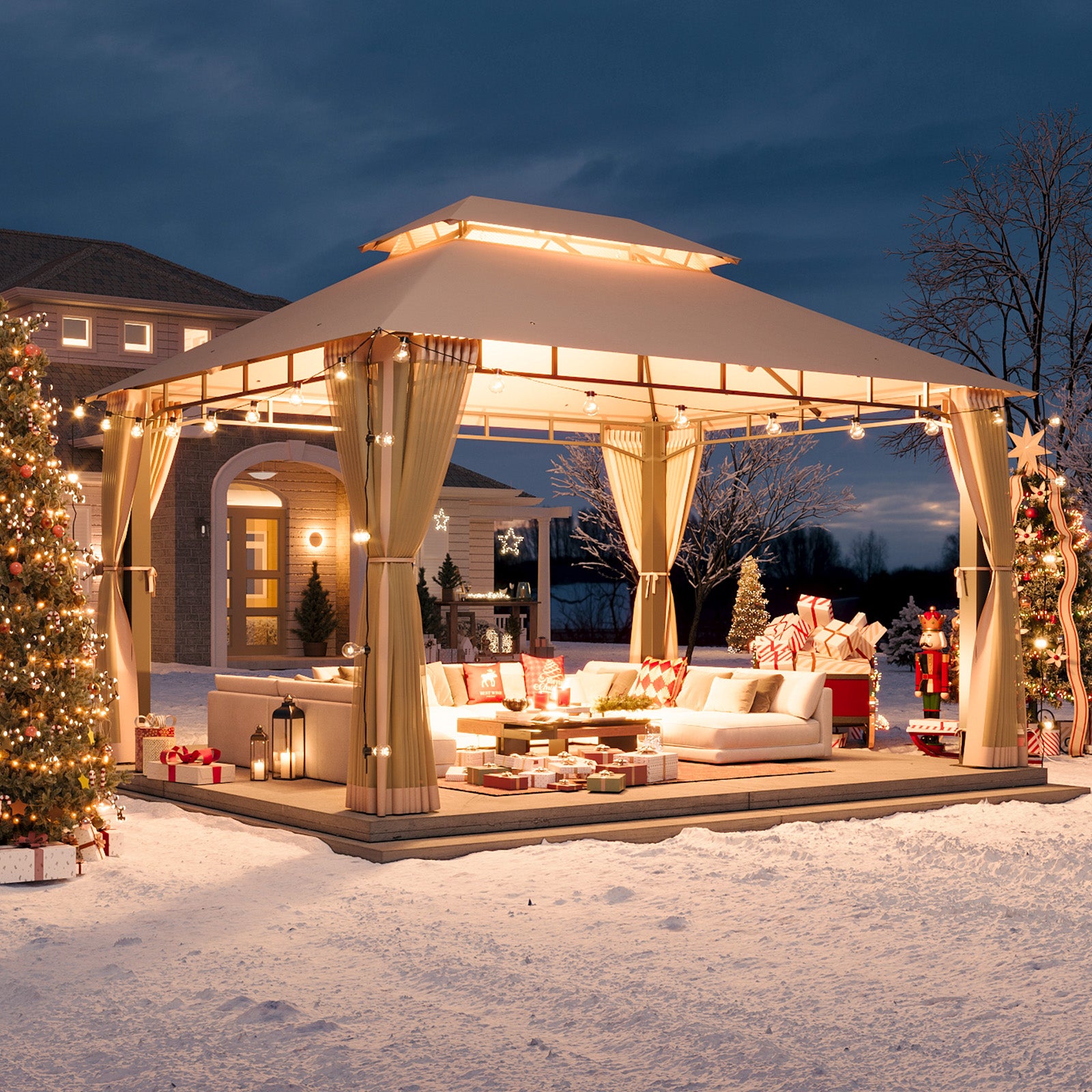 Outdoor Gazebo for Patio 10x13, Metal Frame Canopy with Double Roofs, Heavy Duty Party Tent and Shelter with Mosquito Nettings for Backyard, Lawn, Garden,Beige