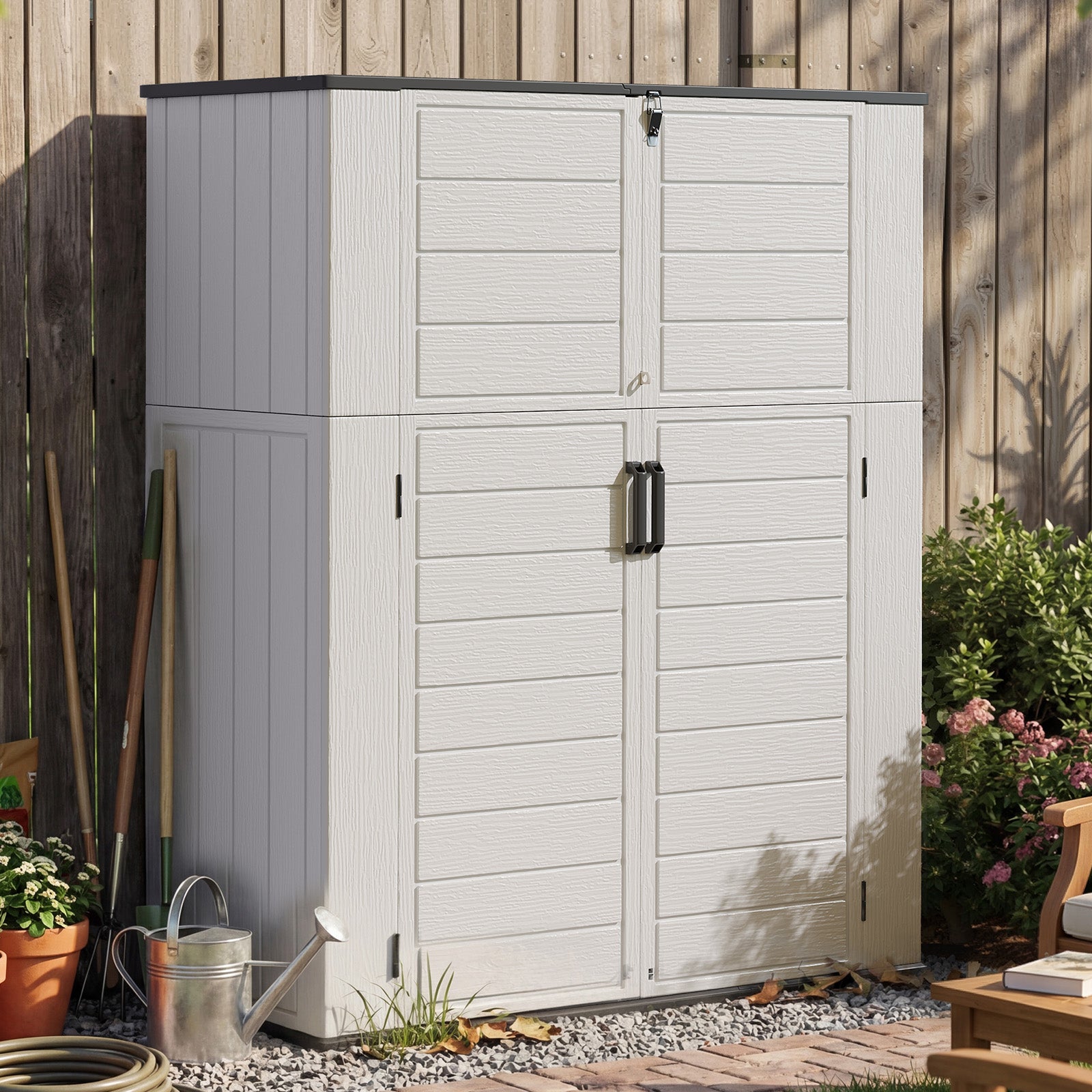 Aoxun 61 Cu.Ft Outdoor Storage Shed, Widened Outdoor Storage Cabinet Waterproof Vertical Resin Shed with Floor for Patio, Garden Tools, Pool Equipment, Easy to Assemble (White)