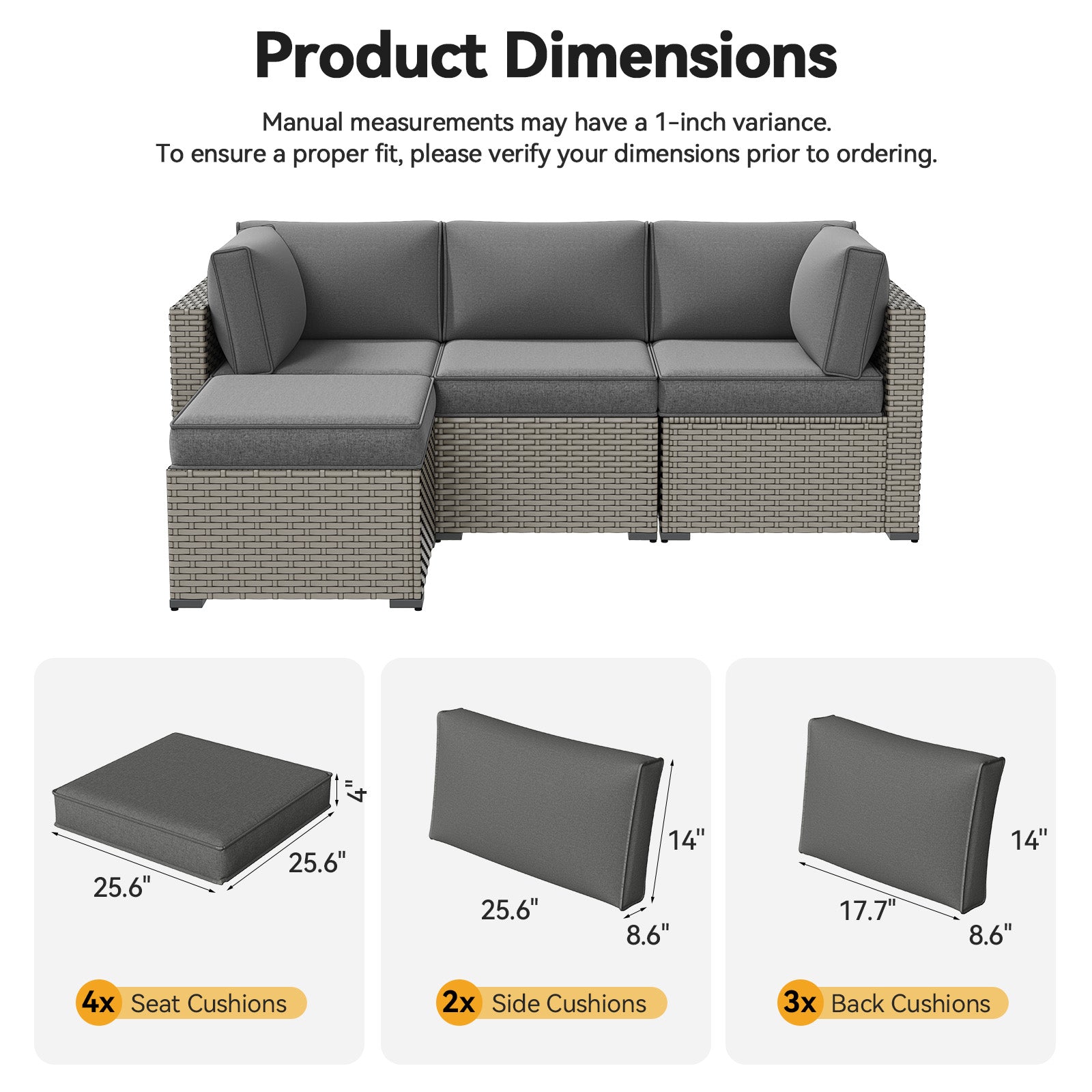 Aoxun Outdoor Replacement Cushions for Patio Furniture, 4'' Water-repellent Sofa Cushion for 4-Seat Rattan Wicker Sectional