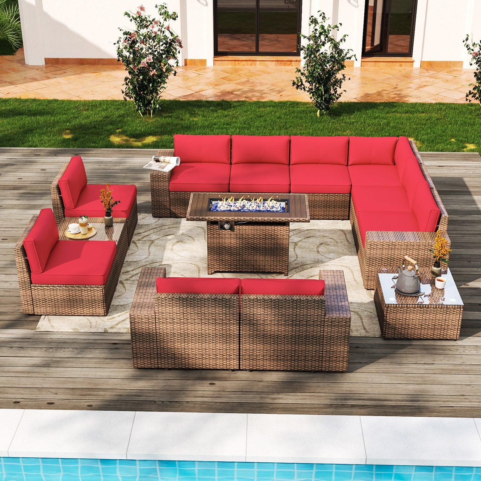 Wicker Patio Furniture Sofa Set with Fire Pit Table