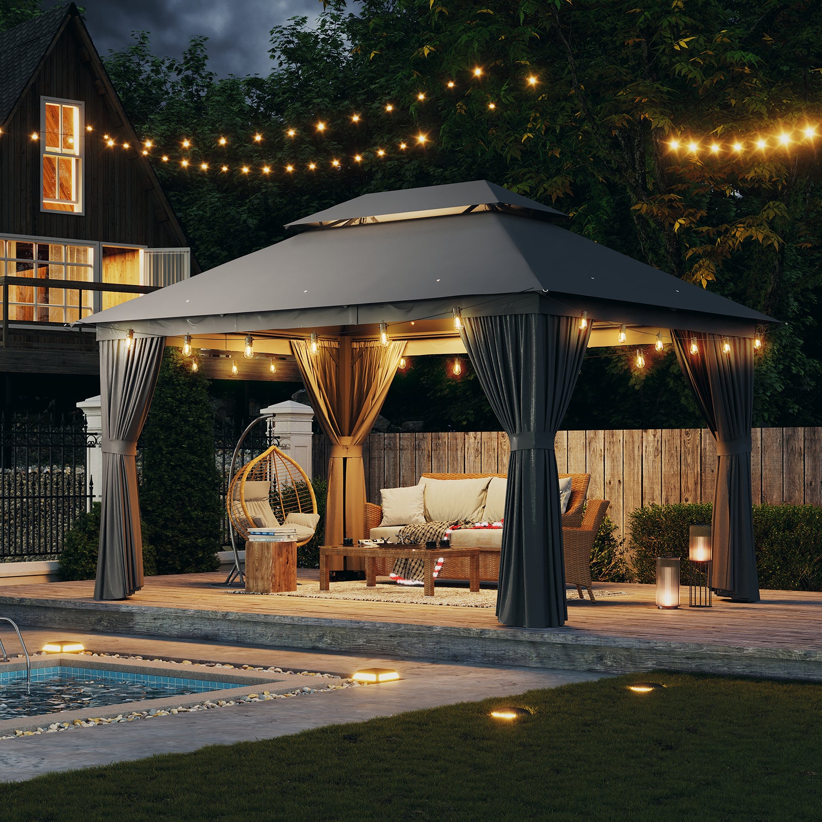 10'x13'Outdoor Gazebo,Double Roofs Metal Frame Canopy With Privacy Curtains For Backyard,Lawn,Garden,Gray