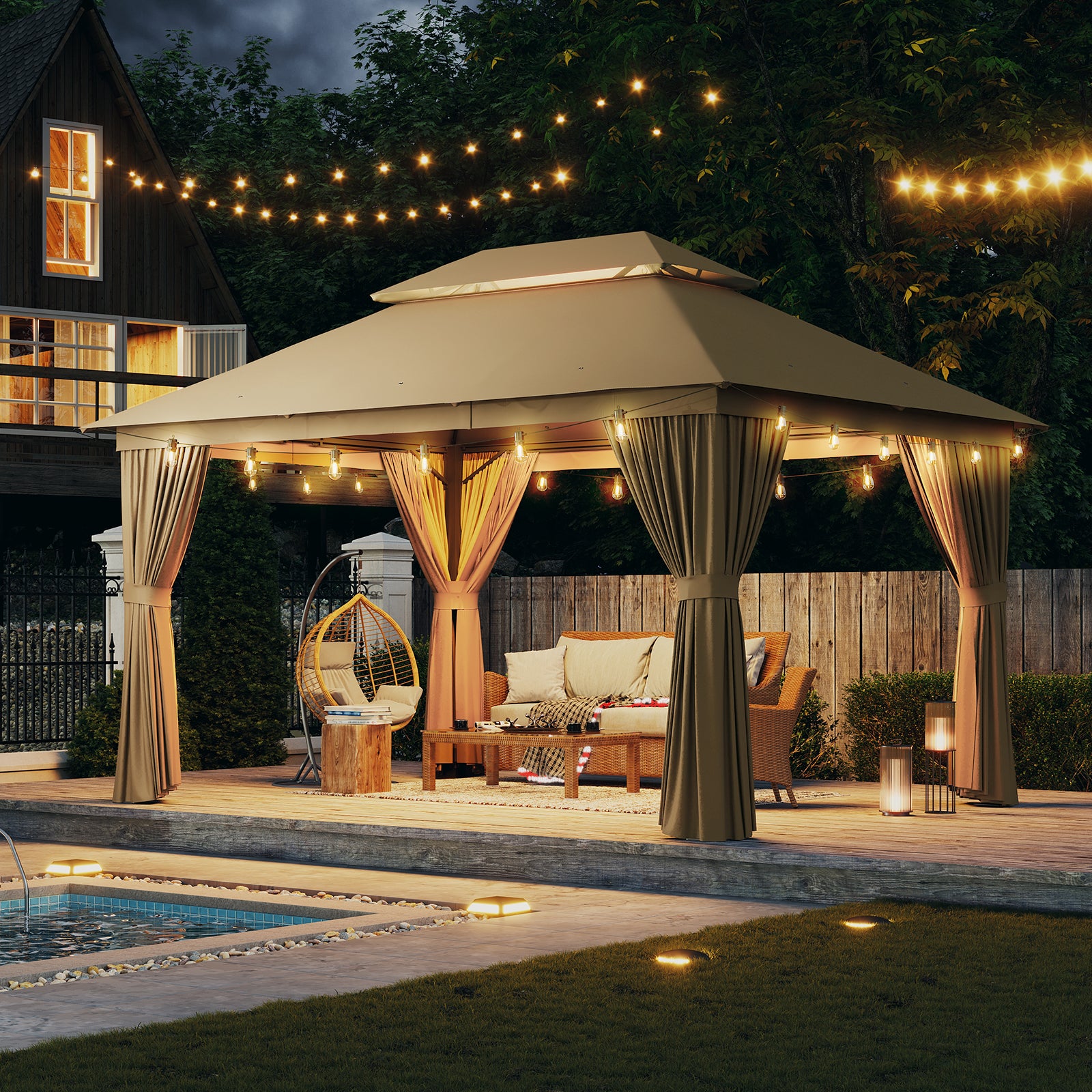 10'x13'Outdoor Gazebo,Double Roofs Metal Frame Canopy With Privacy Curtains For Backyard,Lawn,Garden,Beige