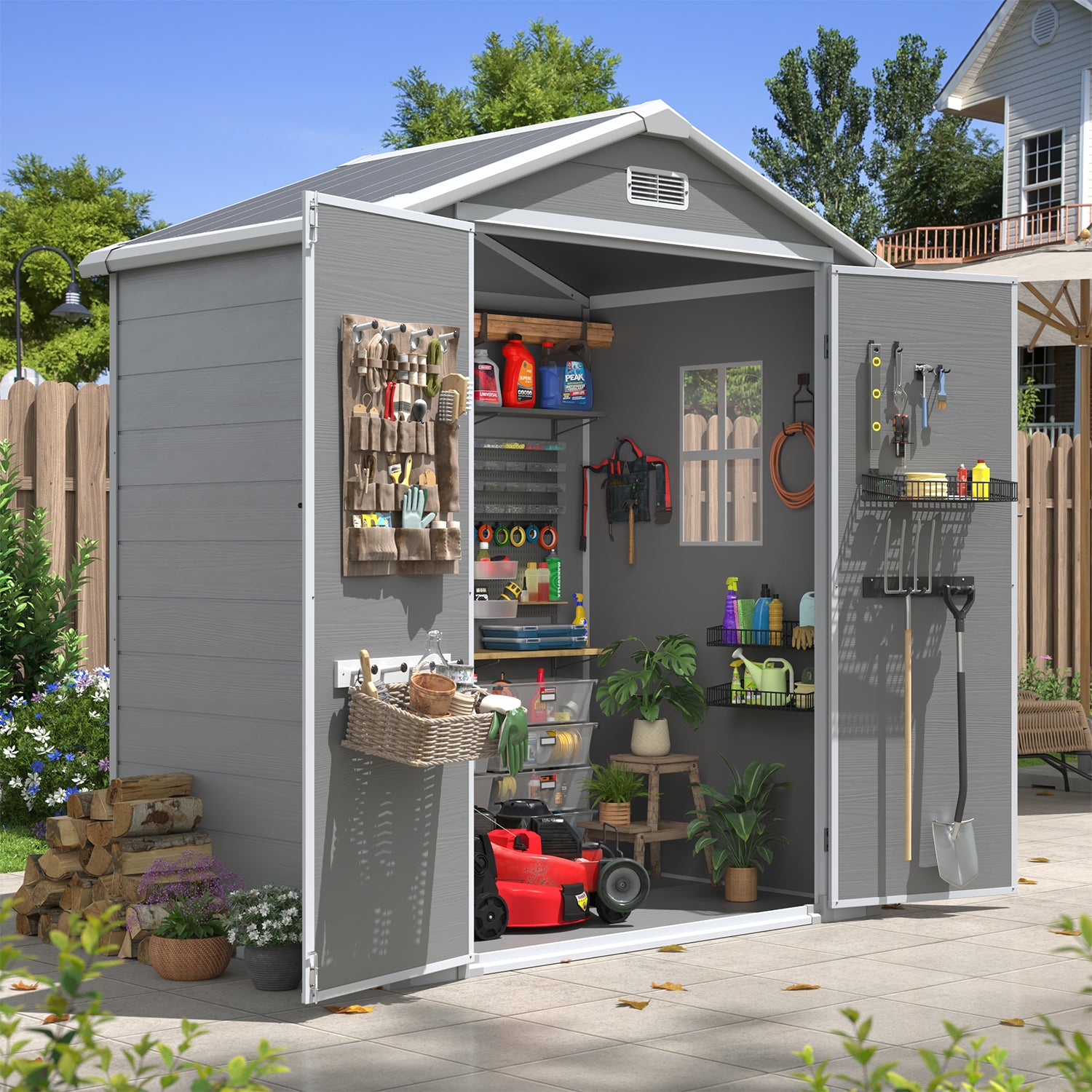 Aoxun 6x4 FT Outdoor Storage Shed, Plastic Garden Resin Shed with Floor and Window for Patio, Lawn, Outdoor Storage with Lockable Door for Bike, Garbage Can, Tools, Grey