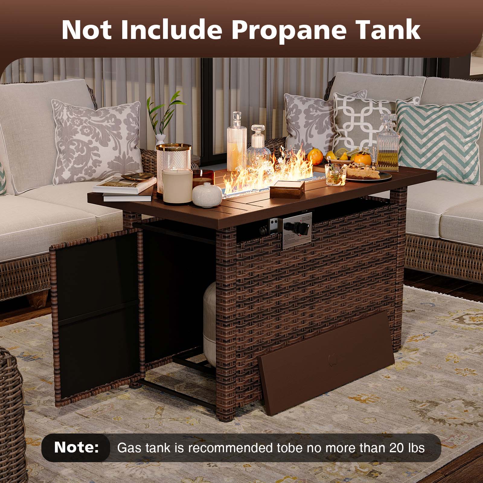 Aoxun 44" Propane Fire Pit with Storage 50,000 BTU Outdoor Wicker Fire Table with Wood-grainTabletop CSA Certified Patio Rectangular 2-in-1 Gas Fire Pit Table with Firepit Lid and Waterproof Cover