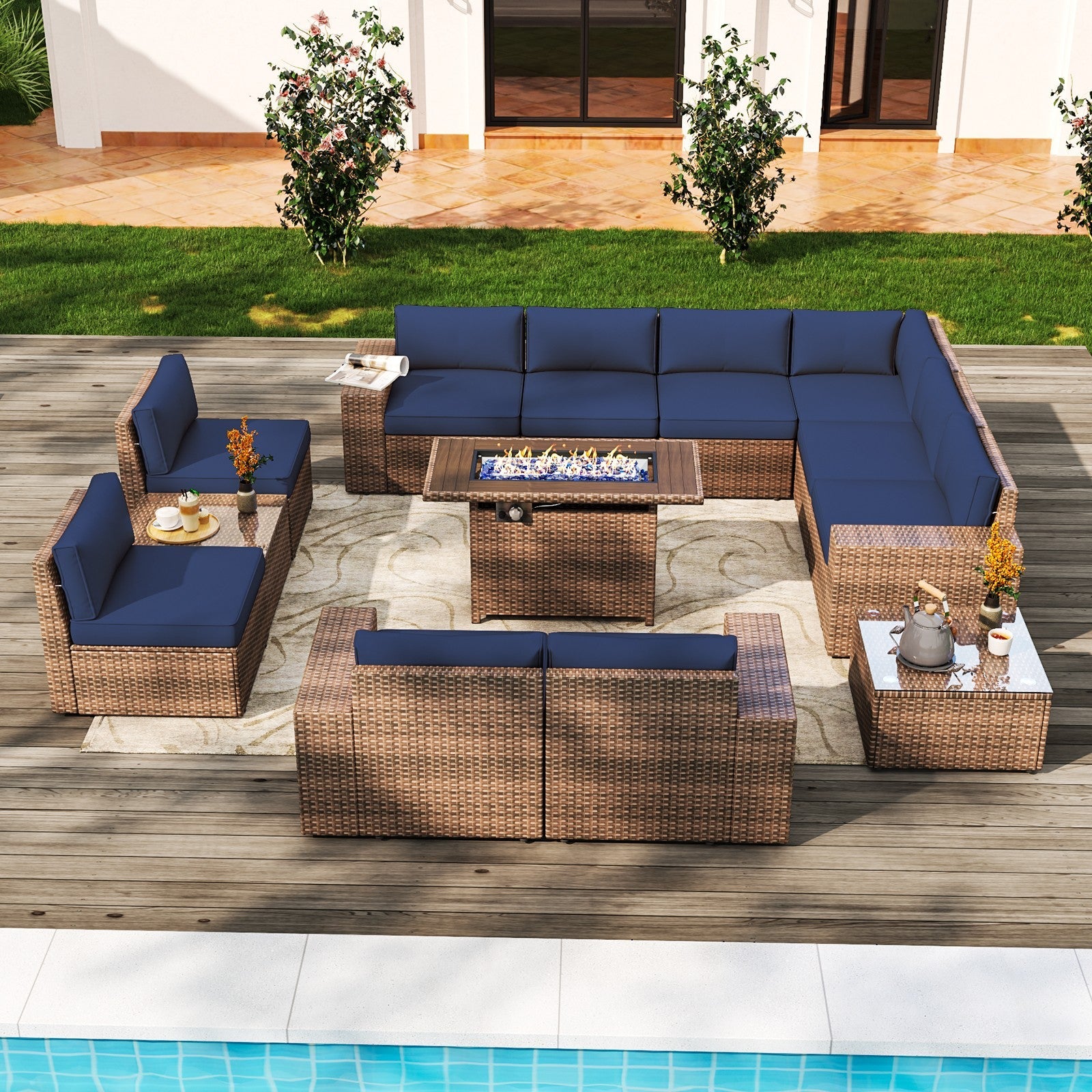 Wicker Patio Furniture Sofa Set with Fire Pit Table