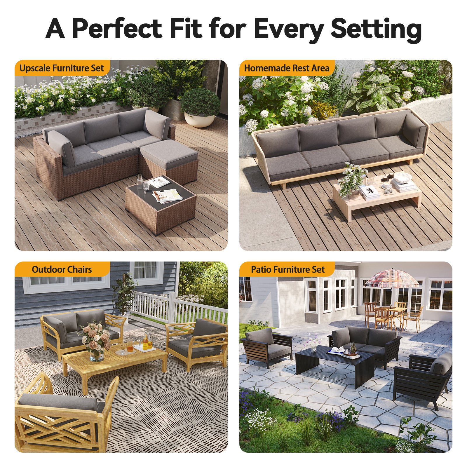 Aoxun Outdoor Replacement Cushions for Patio Furniture, 4'' Water-repellent Sofa Cushion for 4-Seat Rattan Wicker Sectional