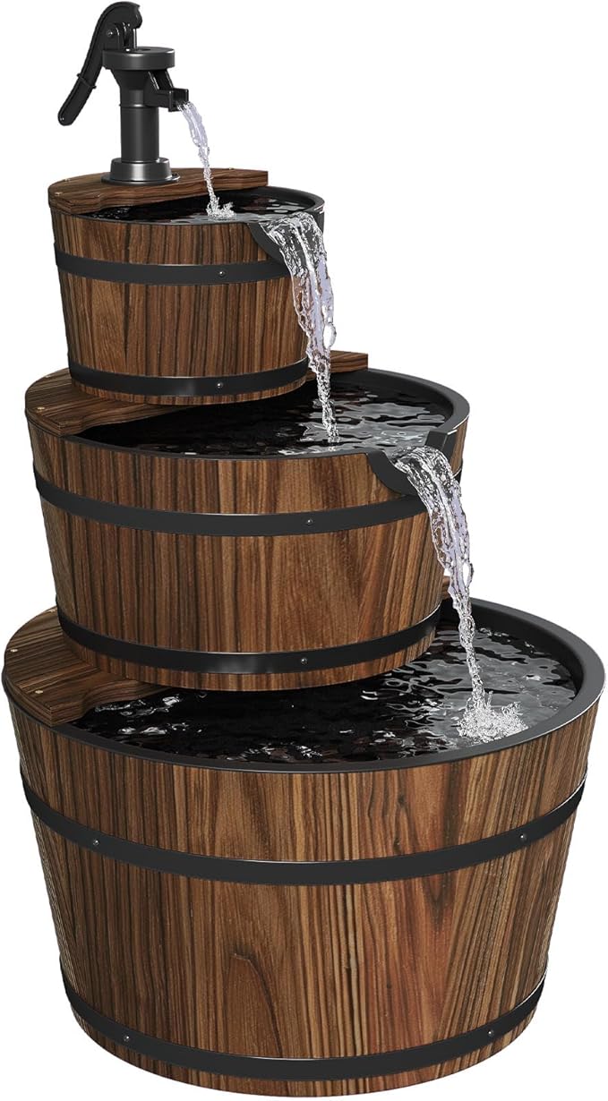 Outdoor Water Fountain, Wood Barrel Cascading with Electric Decorative Hand Pump, Rustic Waterfall Fountain for Garden, Backyard, Patio, Porch, Yard