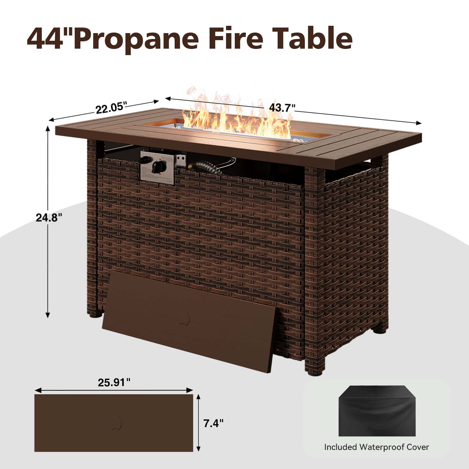 Aoxun 44" Propane Fire Pit with Storage 50,000 BTU Outdoor Wicker Fire Table with Wood-grainTabletop CSA Certified Patio Rectangular 2-in-1 Gas Fire Pit Table with Firepit Lid and Waterproof Cover