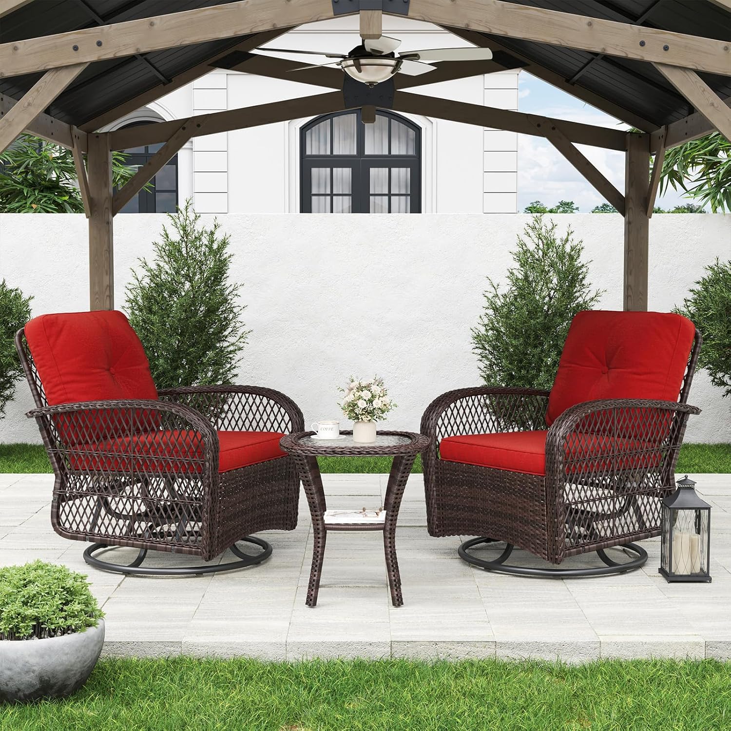 3 pcs Swivel Rocking Chairs & Tempered Glass Table Set