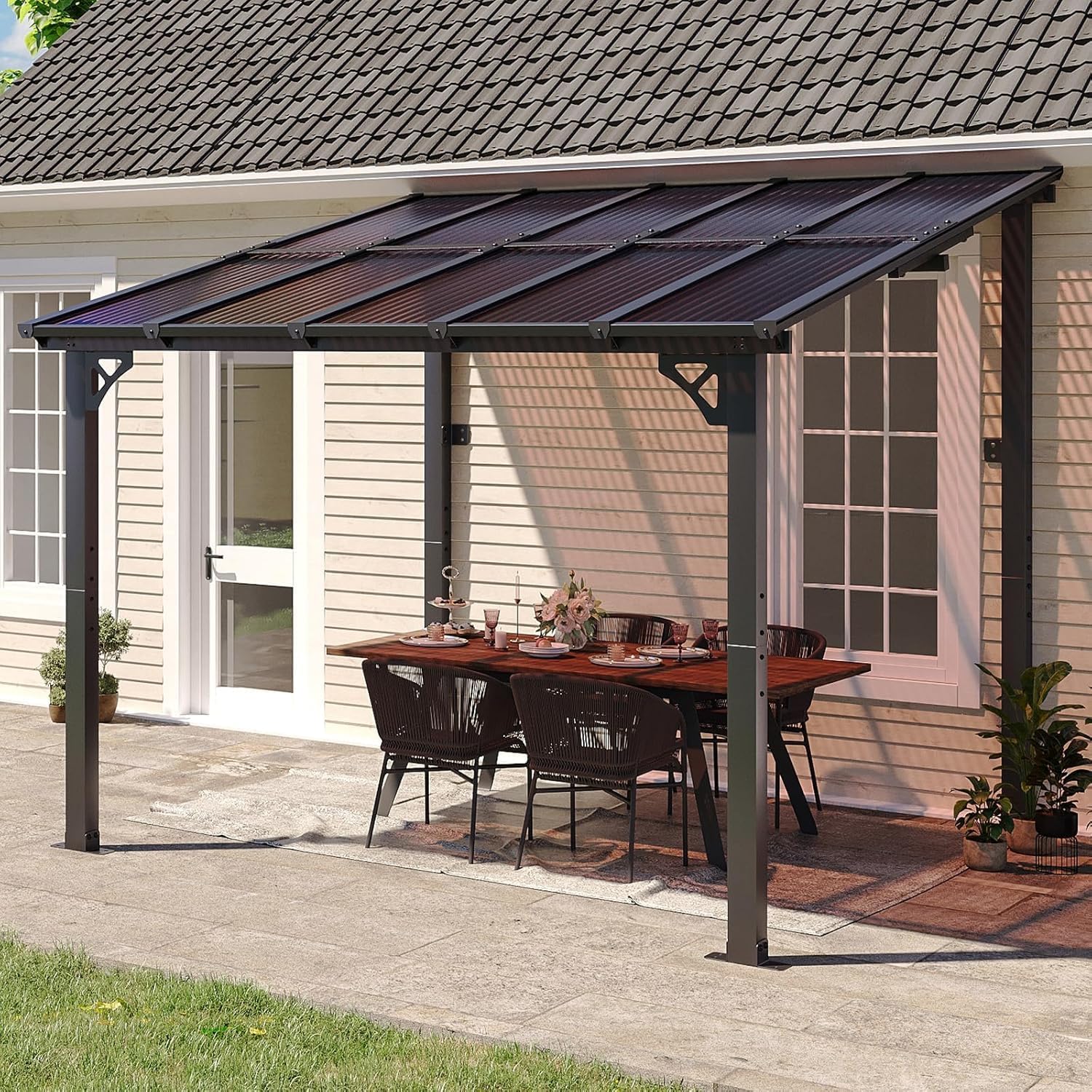 Aoxun 10’x 10’ Premium Gazebo with Aluminum Top Frame & Polycarbonate Panel, Wall Mounted Gazebos Pergola, Outdoor Patio Lean to Gazebo, Awnings with Sloped Roof, for Backyard, Porch, Deck