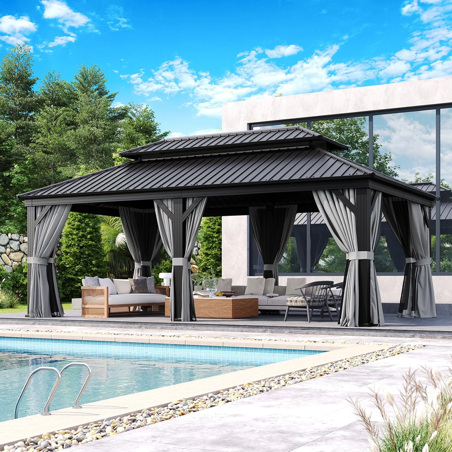Aoxun 12' X 20' Hardtop Gazebo, Aluminum Outdoor Gazebo with Galvanized Steel Double Roof Canopy, Permanent Metal Pavilion with Privacy Curtain and Netting, for Poolside, Backyard, Square Foundation