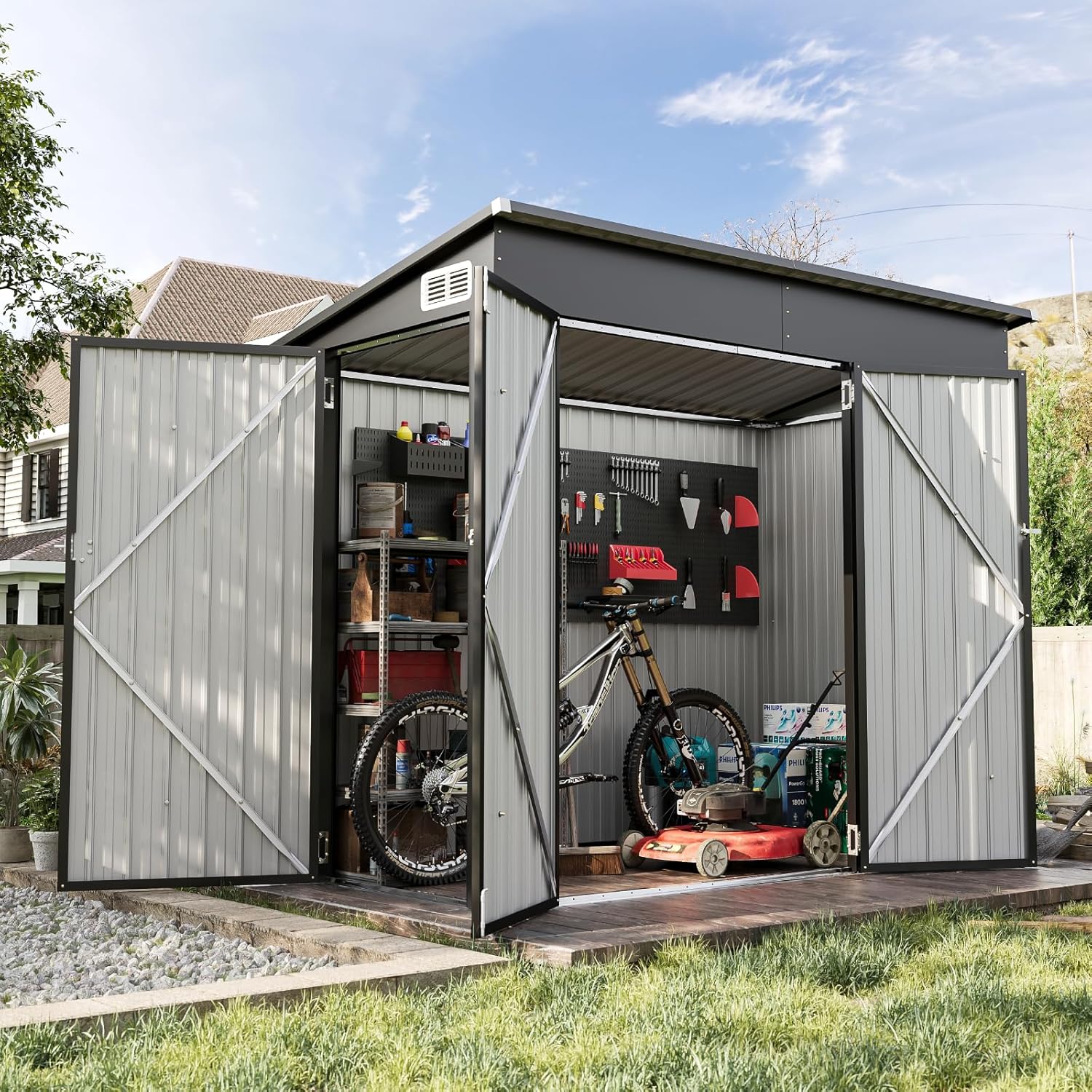 Aoxun 8' x 4' Shed 140 CU.FT. Outdoor Shed with Triple Lockable Door Metal Storage Cabinet with Premium Waterproof Panel for Tools Bicycles Storage for Garden, Patio, Courtyard Visit the Aoxun Store