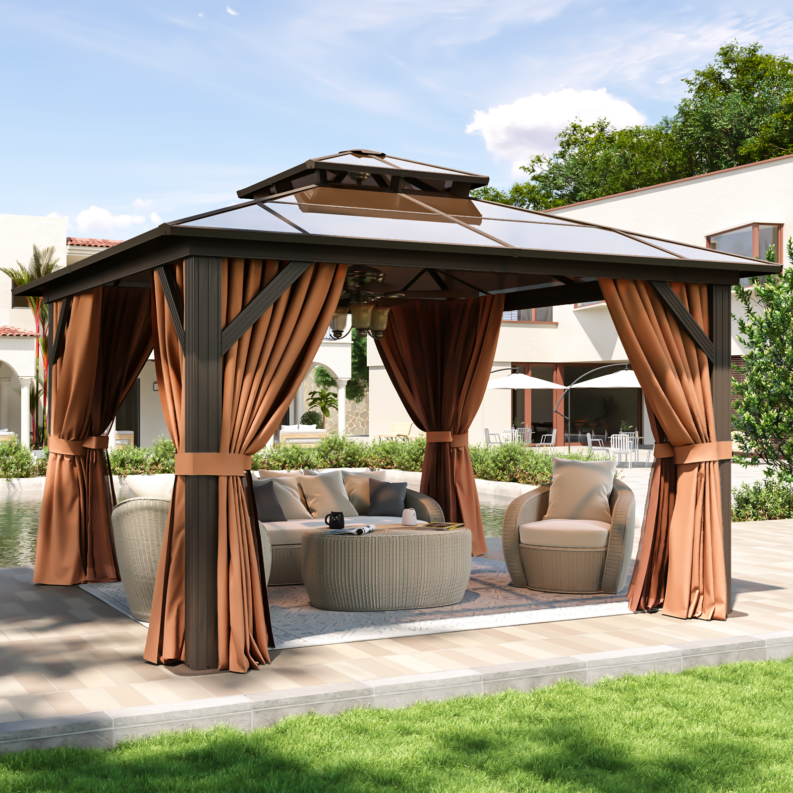 12'x12' Hardtop Gazebo, Aluminum Frame Permanent Pavilion with Curtains and Netting, Outdoor Polycarbonate Double Roof Canopy, Designed for Garden, Lawns, Patio, Gray