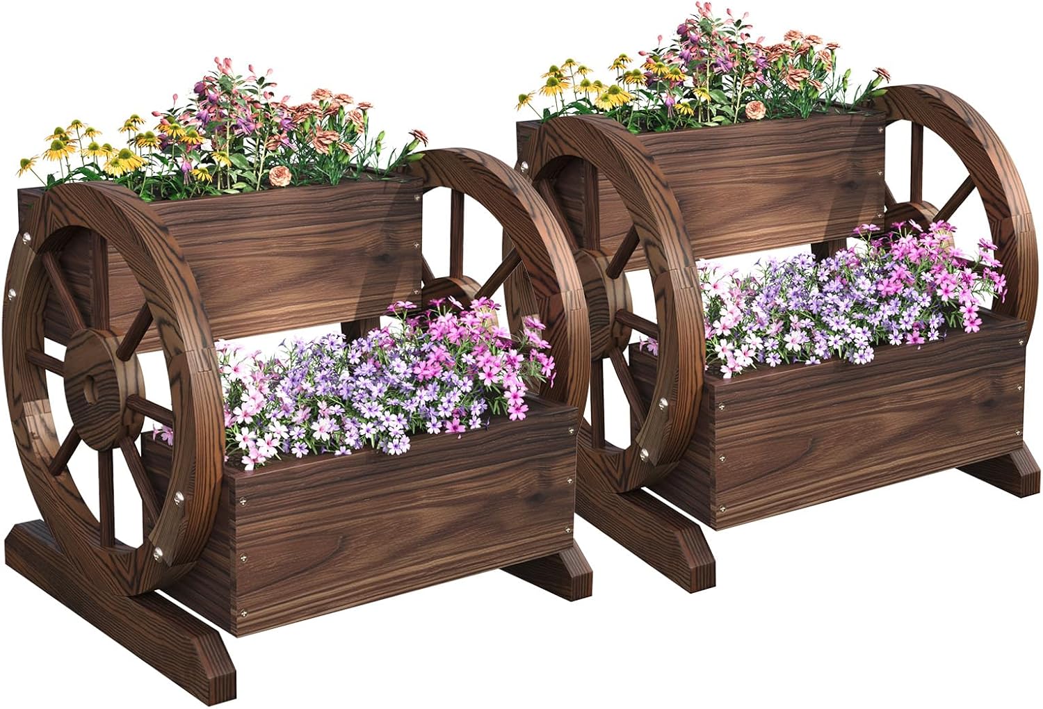 Wooden Wagon Planter Box, Outdoor Plants, Garden Decor for Outside, Flower Pots, Patio Decoration, Herb Cart with Rustic Wood Wheels, Porch Décor Accessories