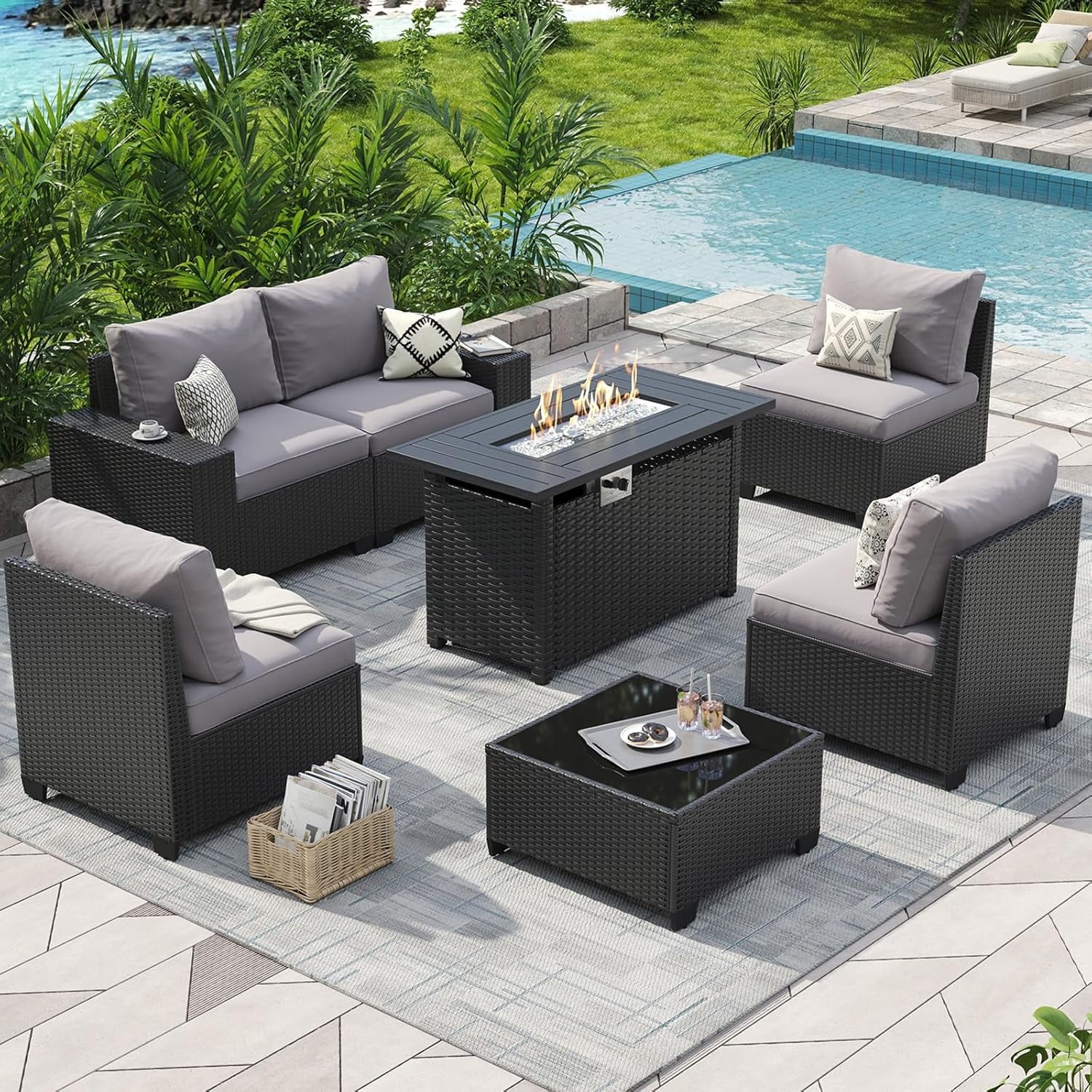 Aoxun 7 Pcs Outdoor Patio Furniture Sets with with 44'' Fire Table, Widen Armrests Wicker Outdoor Sectional for Backyard (Waterproof Cover Include)