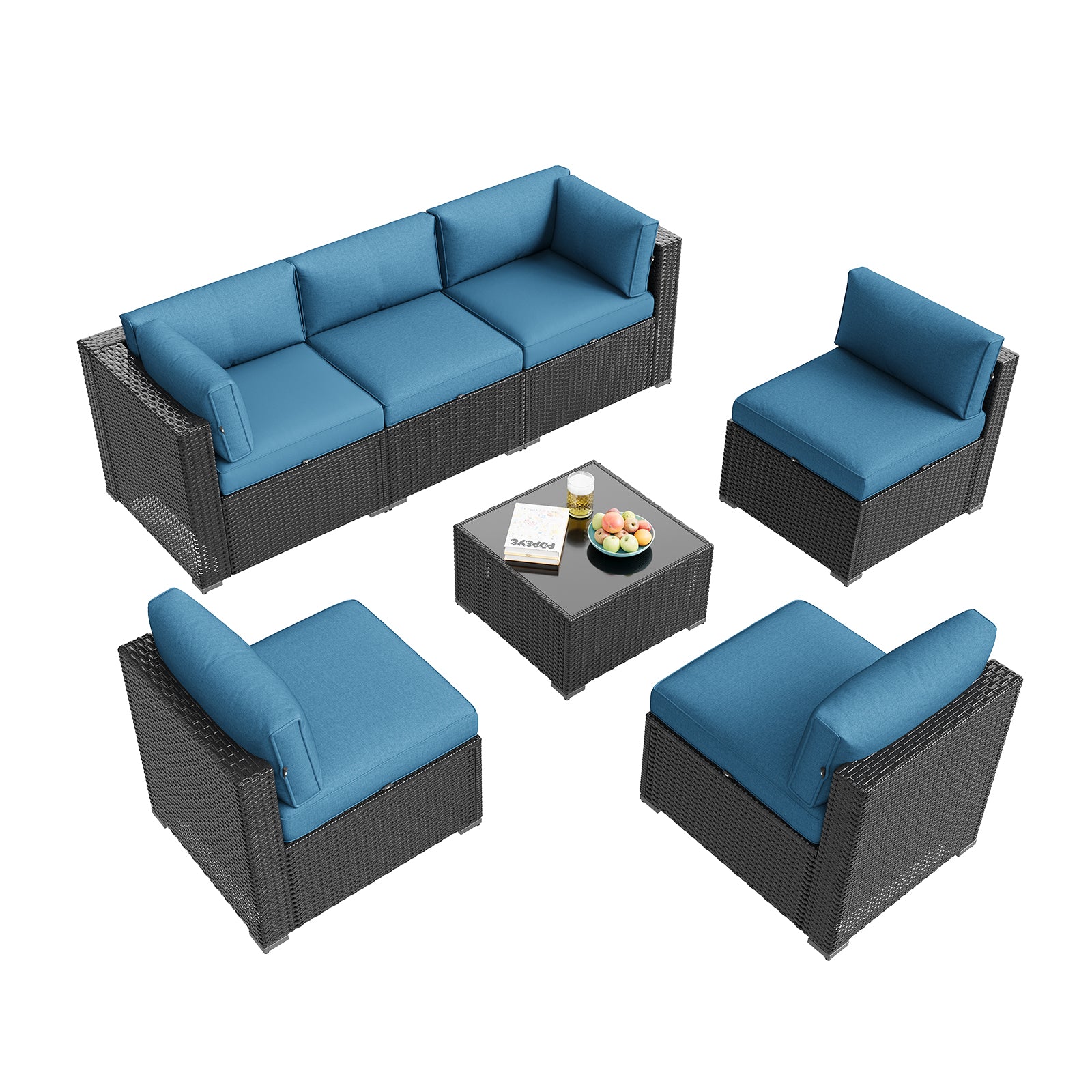 Aoxun Patio Furniture Set, 7 Piece Outdoor Sectional Sofas with Waterprool Cover, Wicker Rattan Outdoor Furniture Patio Conversation Set for Backyard, Garden Peacock Blue