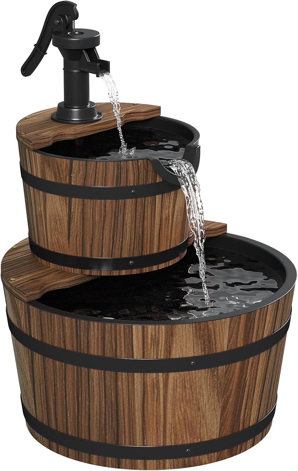 Outdoor Water Fountain, Wood Barrel Cascading with Electric Decorative Hand Pump, Rustic Waterfall Fountain for Garden, Backyard, Patio, Porch, Yard