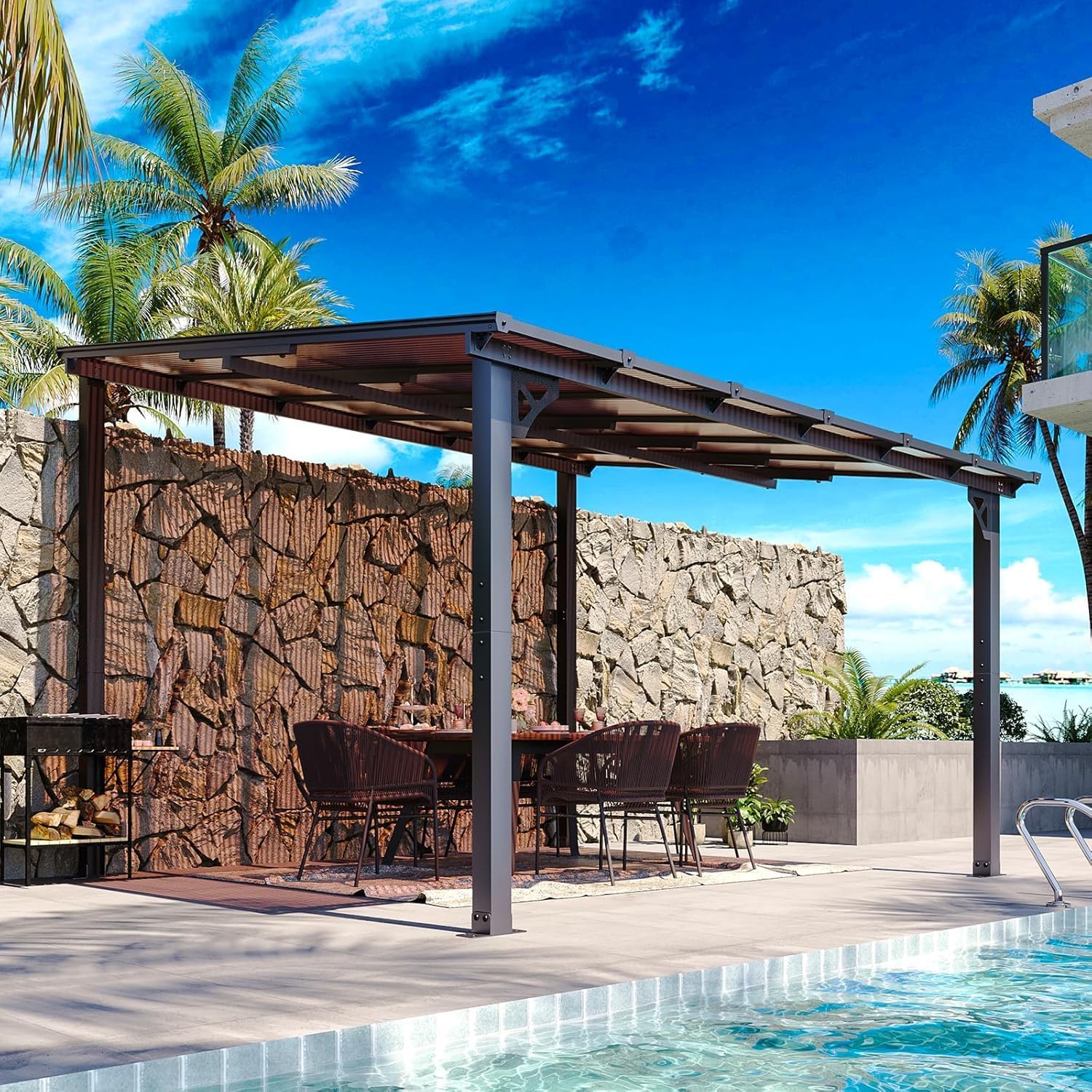 Aoxun 10' x 12' Gazebo, Premium Pergola with Sloped Roof, Aluminium Structure Large Wall-Mounted Heavy Duty Awnings, for Backyard, Patio, Deck and Lawn(Black)