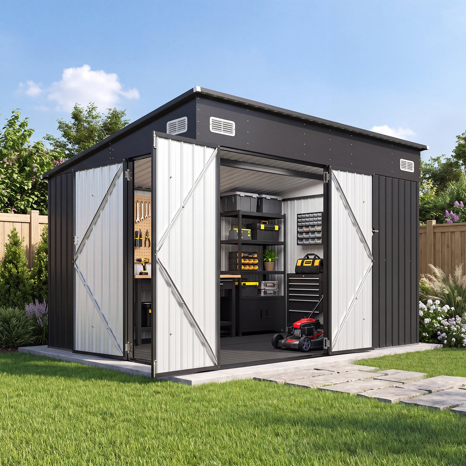 Aoxun 7.5'x4' Outdoor Storage Shed with 3 Lockable Doors & 14mm PP Floor | 7.5x4 FT Metal Garden Shed with Floor, Outdoor Storage Cabinet with Sloping Roof for Backyard, Black