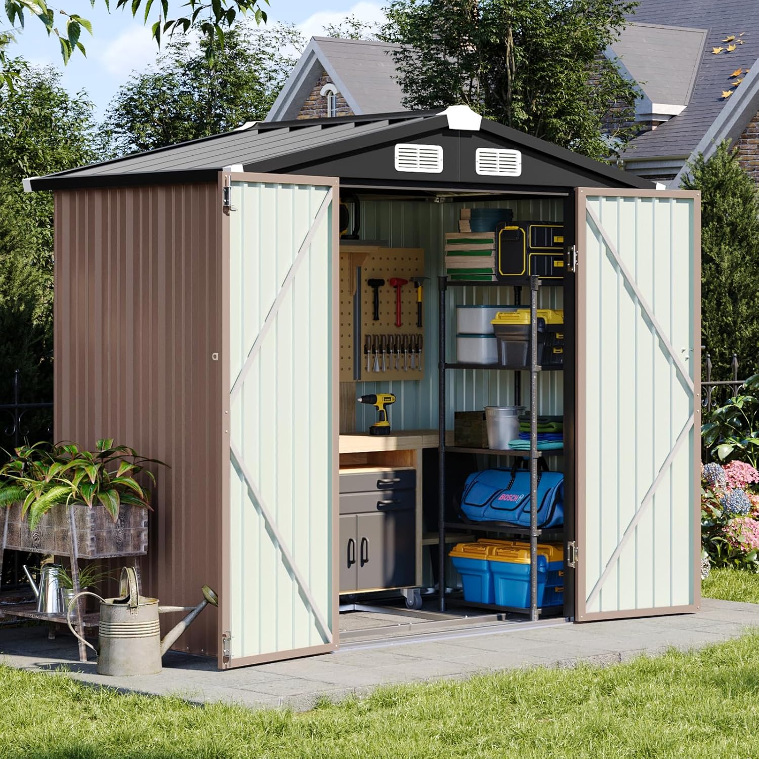 Aoxun 6x3.9 FT Shed with Base Metal Outdoor Storage Shed Garden Shed w