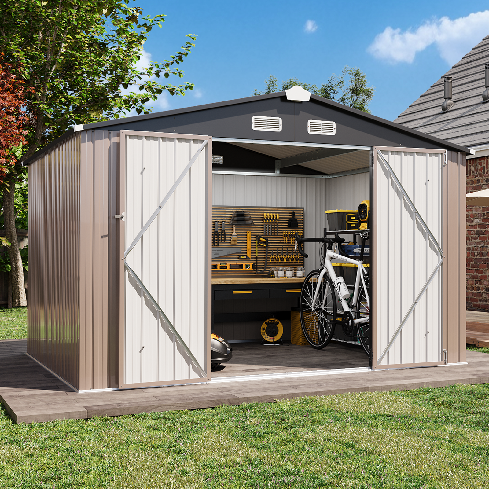 Aoxun Outdoor Storage Shed with Floor - 10x8 FT Metal Shed with Lockable Doors & Air Vents, Waterproof Outside Storage Shed for Tool, Garbage Can, Bike, Mower, for Backyard Garden Patio, Brown