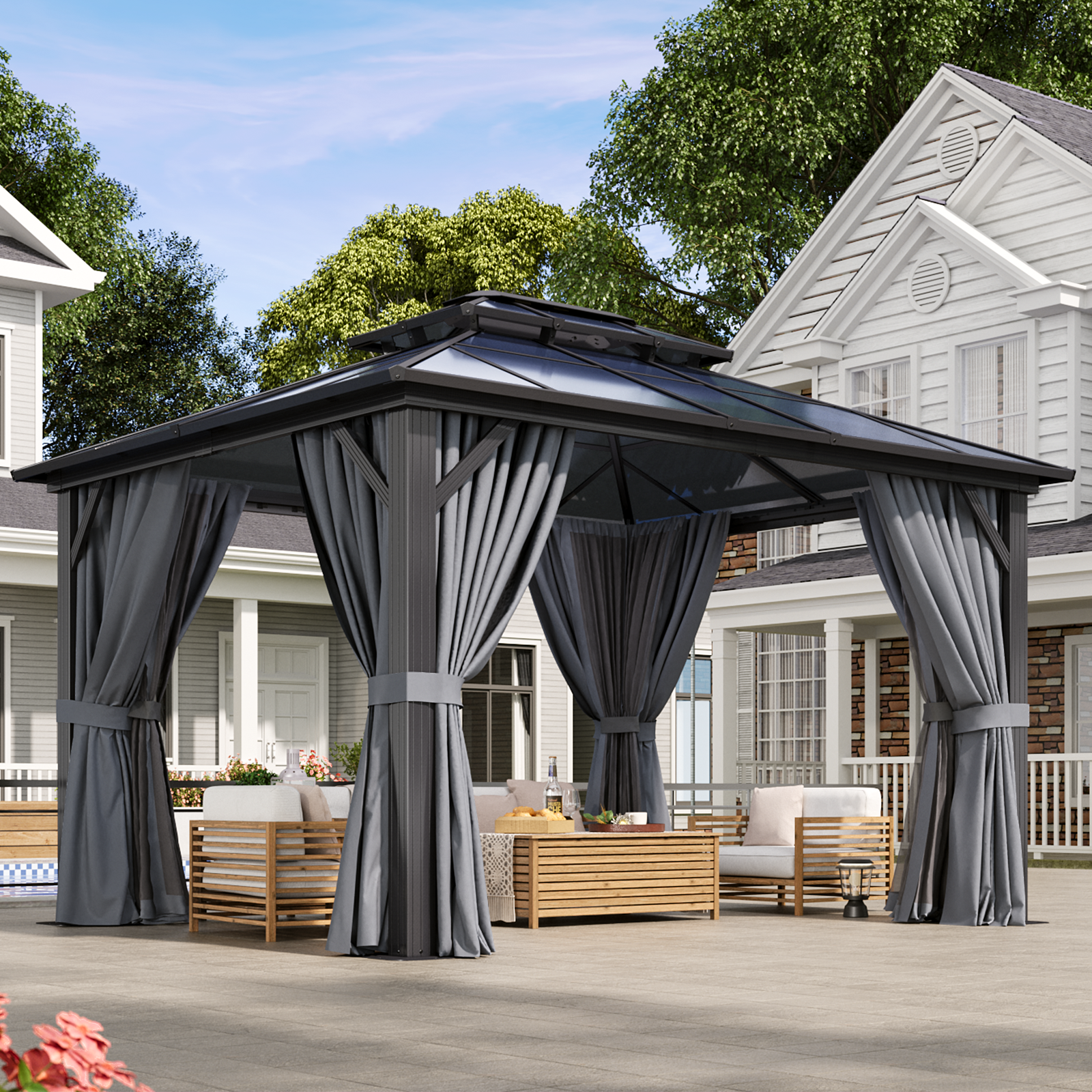 10'x12' Hardtop Gazebo, Aluminum Frame Permanent Pavilion with Curtains and Netting, Outdoor Polycarbonate Double Roof Canopy, Designed for Garden, Lawns, Patio