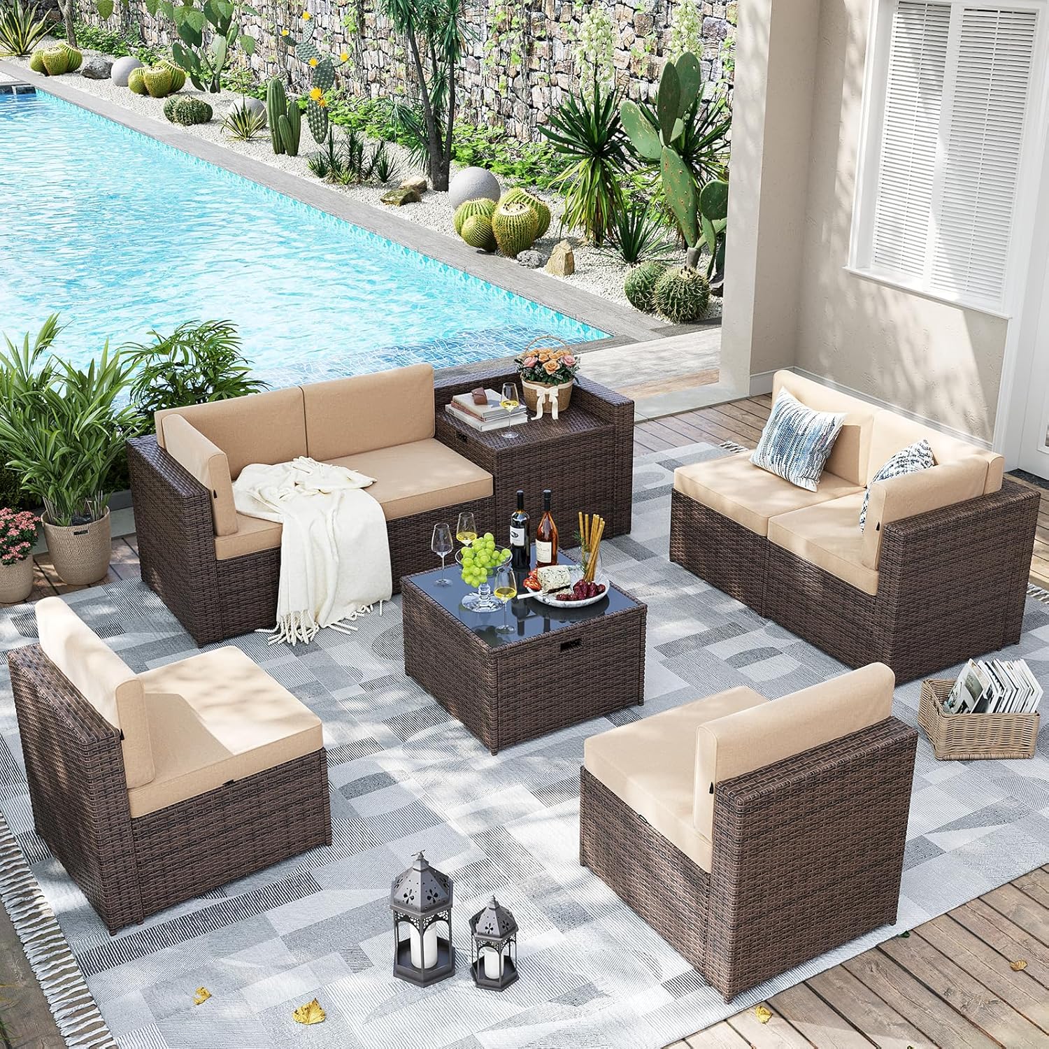 Aoxun 8 Piece Patio Furniture Set, Wicker Outdoor Furniture Set with Storage Box and Glass Top Table, Patio Sectional Set with Thickened Cushions and Include Waterproof Cover