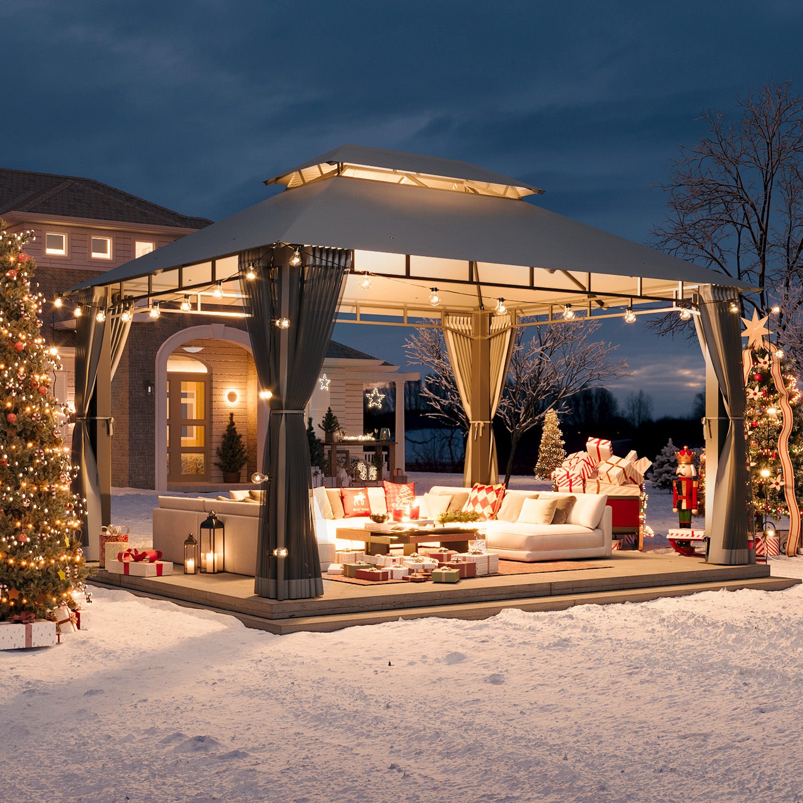 Outdoor Gazebo for Patio 10x13, Metal Frame Canopy with Double Roofs, Heavy Duty Party Tent and Shelter with Mosquito Nettings for Backyard, Lawn, Garden,Gray