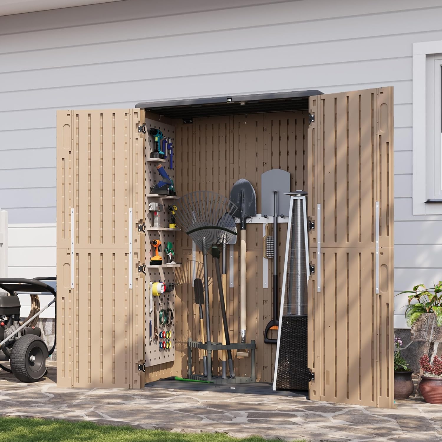 Aoxun Outdoor Storage Shed with Floor, 64 Cu.Ft Large Outdoor Storage Cabinet, Waterproof Vertical Resin Shed for Garden Tools, Pool Equipment, Brown