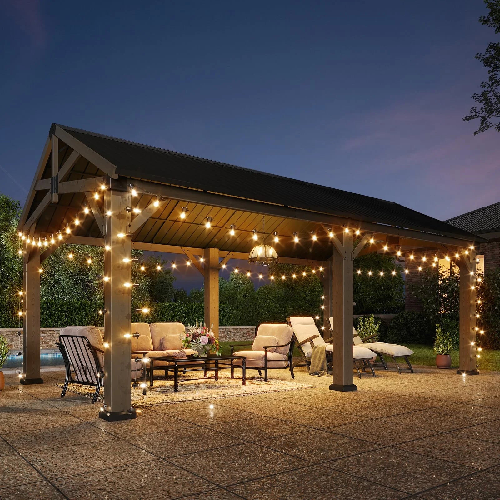 12' x 20' Outdoor Wood Gazebo, Hardtop Gazebo Permanent Wooden Pavilion with Galvanized Steel Gable Roof, for Patio, Garden, Deck, Cedar Wood