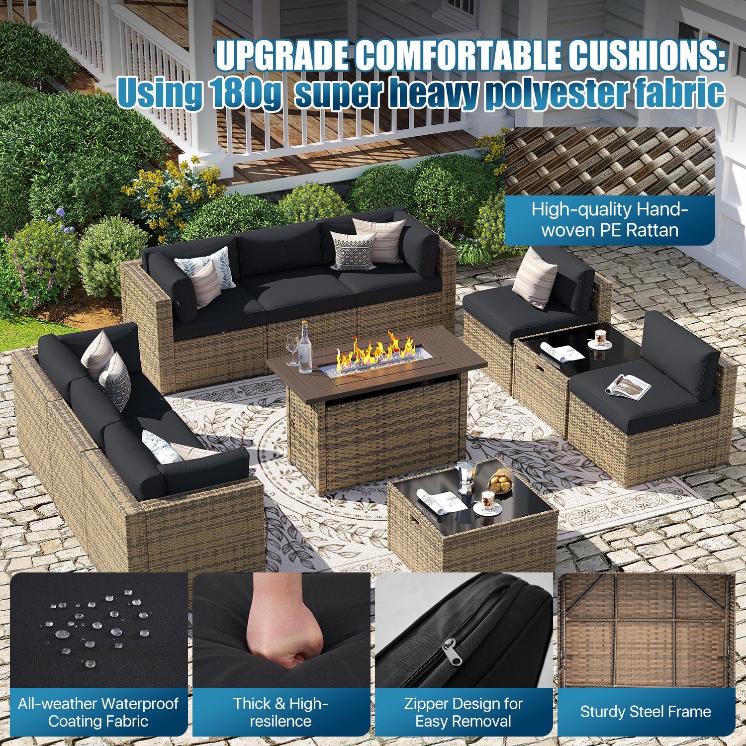 Sunmthink Patio Furniture Sets, 11-Piece Outdoor Patio Furniture with 44'' Propane Gas Firepit Table, Wicker Outdoor Conversation Set and Waterproof Cover for Backyard, Poolside, Garden