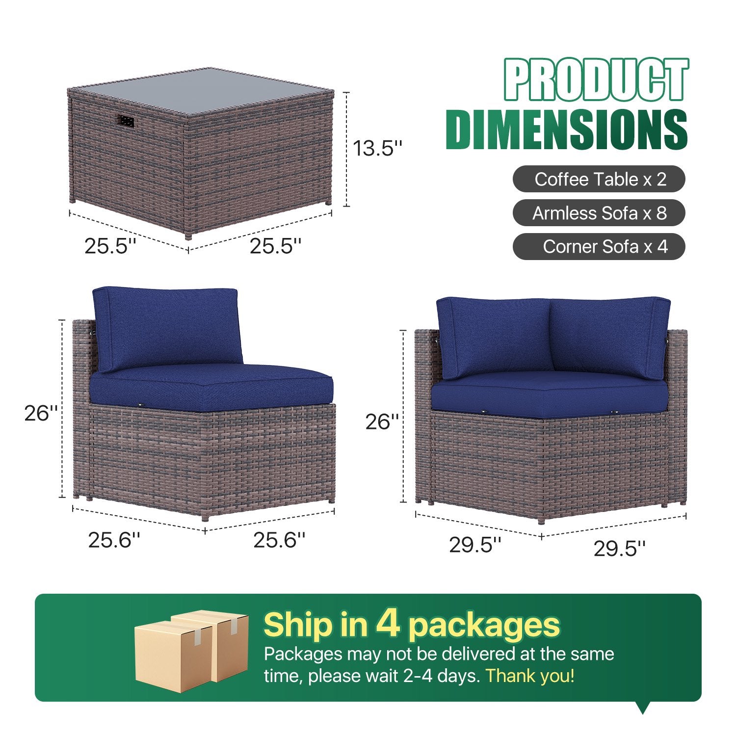 Clouddwell 14 Piece Patio Furniture Set Wicker Rattan Patio Conversation Set Outdoor Sectional Sofa Set with Coffee Table and Blue Cushions