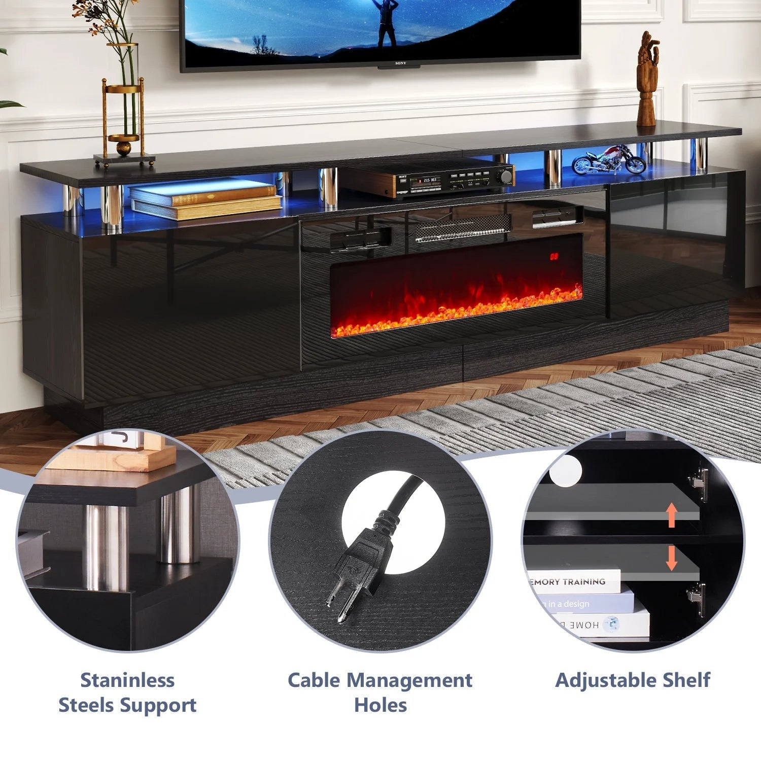 Fireplace TV Stand with 36” Electric Fireplace, Entertainment Center for TVs up to 90", LED Lights Entertainment Center, TV Console, Black