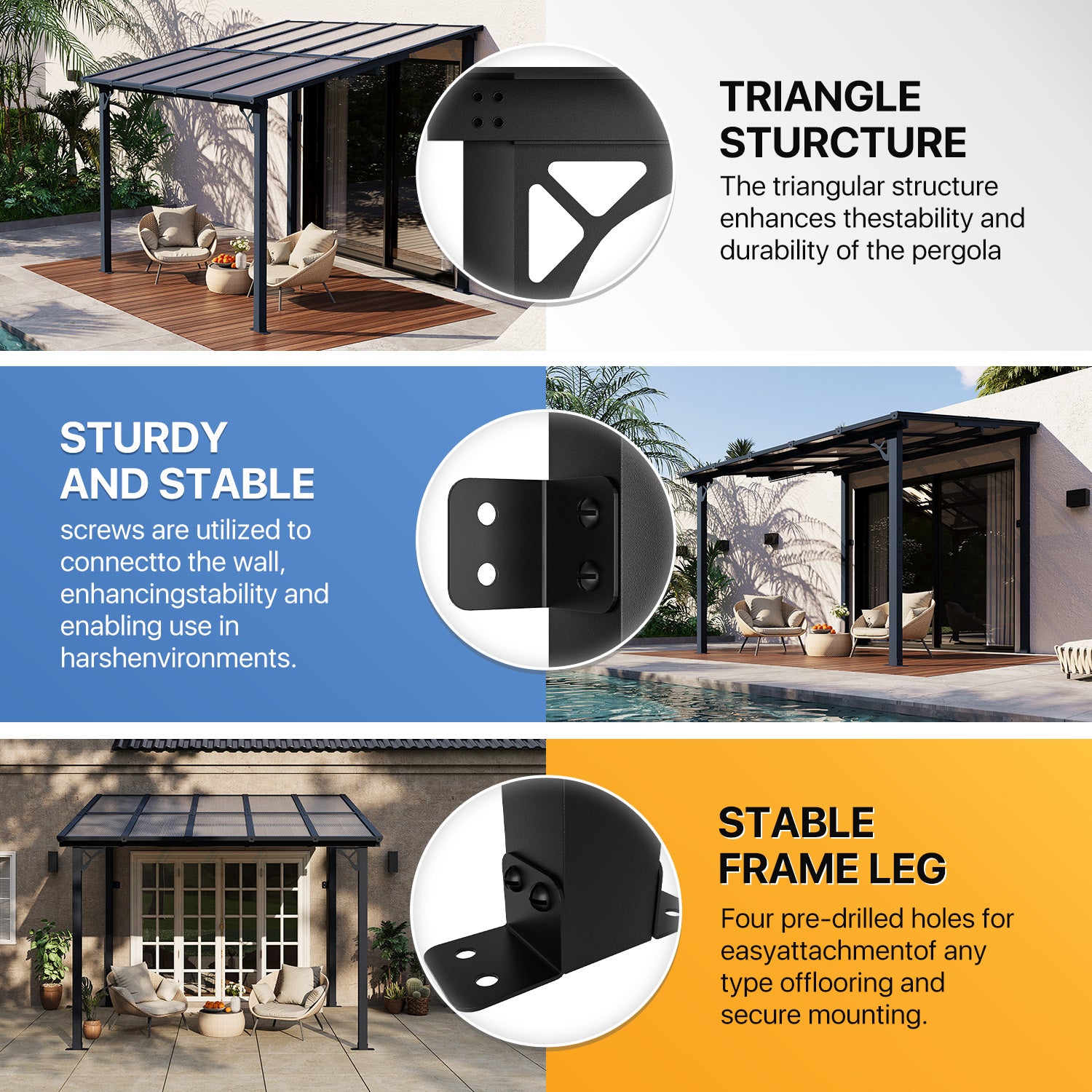 8' x 10' Gazebo for Patio, Small Wall-Mounted Lean to Outdoor Hardtop Gazebo with Roof,Black