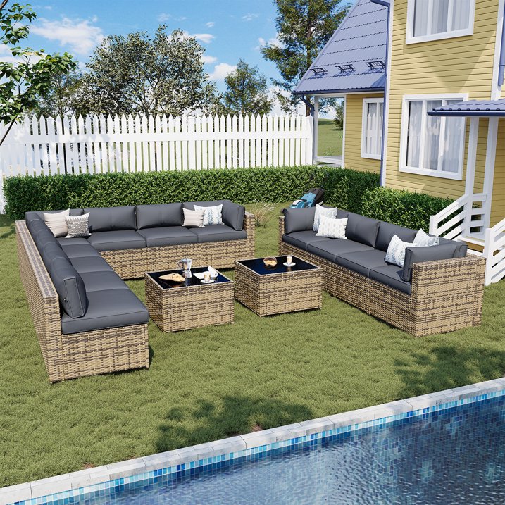Sunmthink Patio Furniture Sets, 14-Piece Outdoor Patio Furniture with Thick Cushions, Wicker Outdoor Conversation Set and Waterproof Cover for Backyard, Poolside, Garden