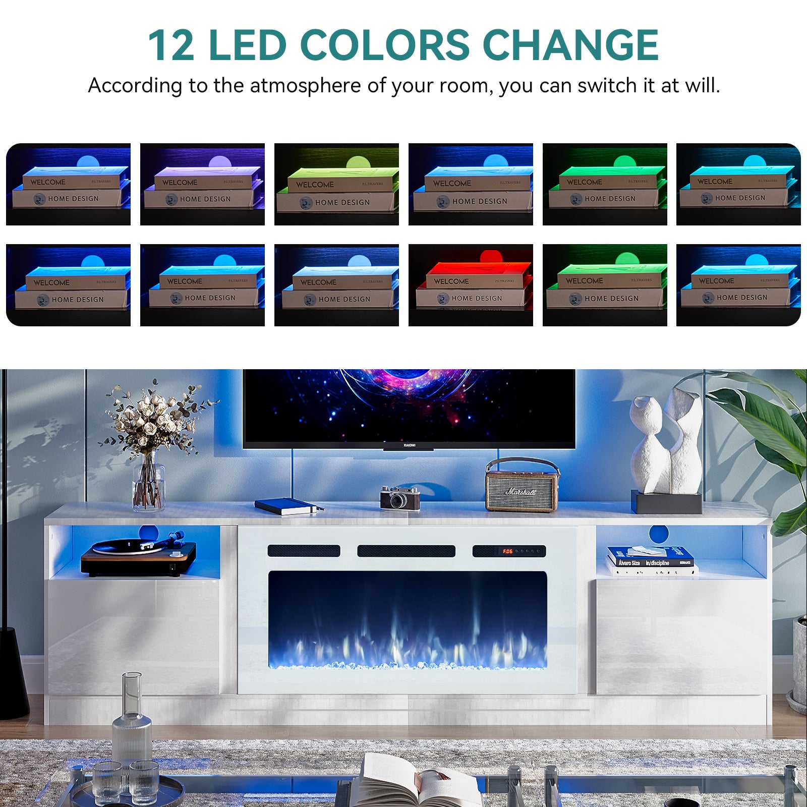 Fireplace TV Stand for TVs up to 90", 80" TV Stand with 36" Electric Fireplace, With 12 Color LED Lights Entertainment Center, White