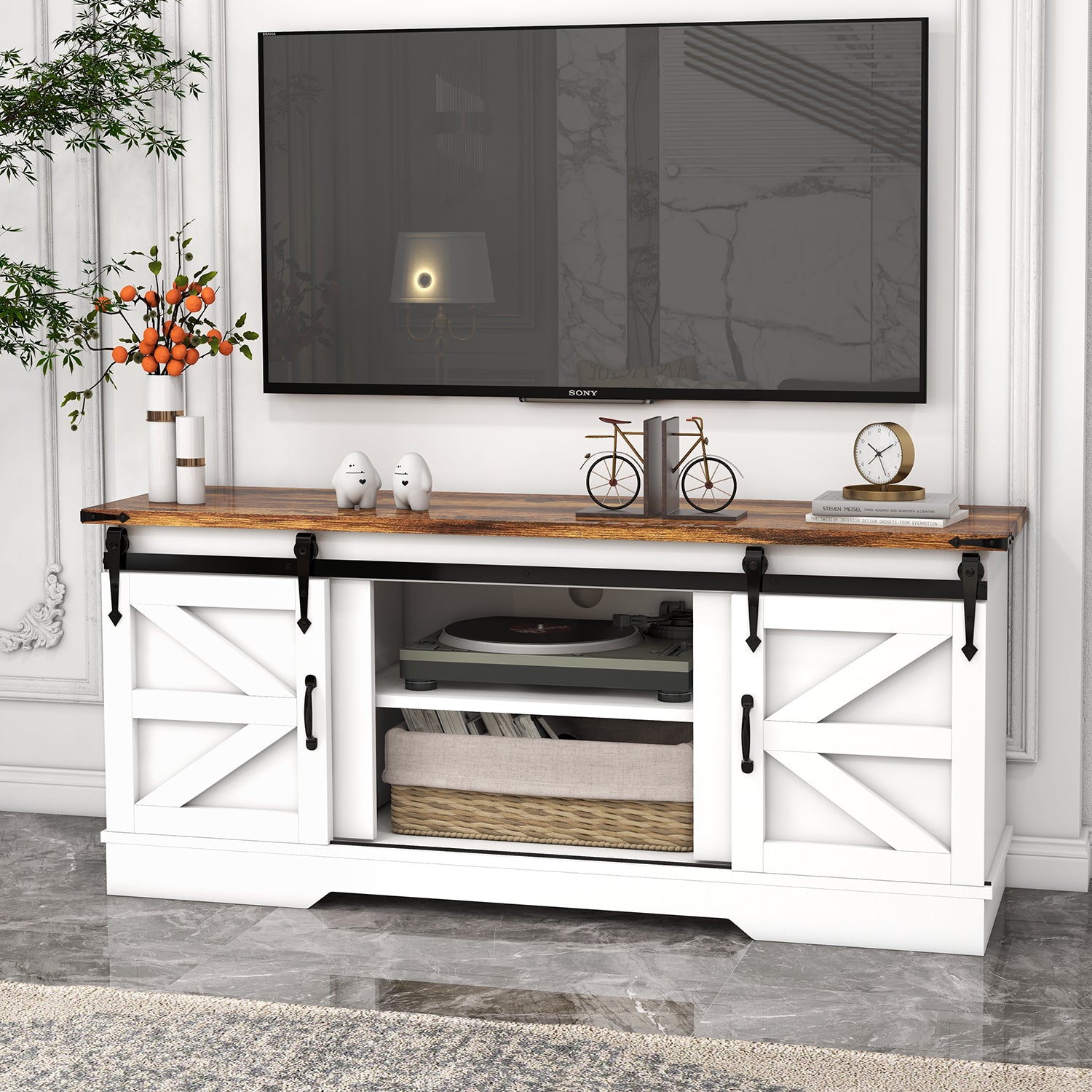 2-Piece Modern Farmhouse Furniture Set, White TV Stand for TVs up to 65-Inch, Farmhouse Coffee Table with Large Storage Space for Living Room, Family Room