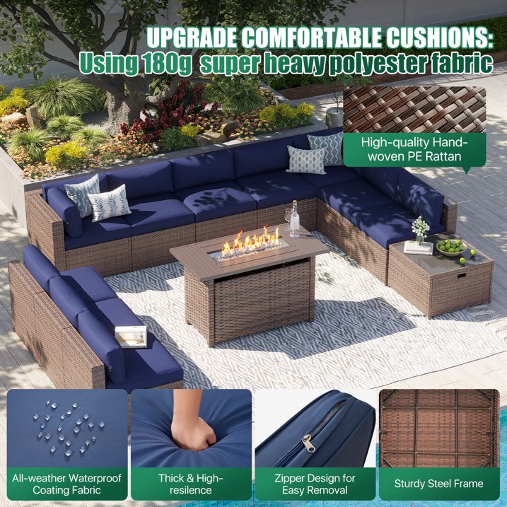 Clouddwell 12 Piece Patio Furniture Set with 44” Fire Pit Table Wicker Rattan Patio Conversation Set Outdoor Sectional Sofa Set with Coffee Table and Blue Cushions(Waterproof Cover Included)
