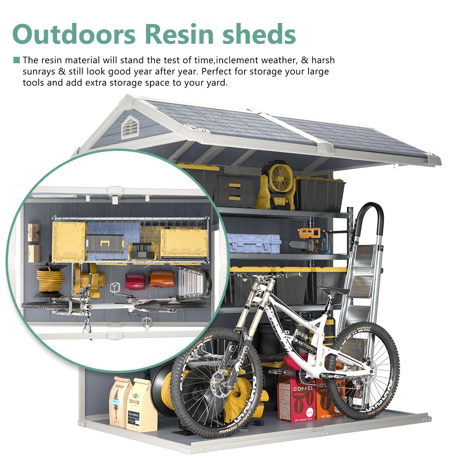 6.3’x4.4’ Resin Outdoor Storage Shed with Base Frame, Plastic Outdoor Sheds with Lockable Door and Window for Backyard, Patio, Lawn