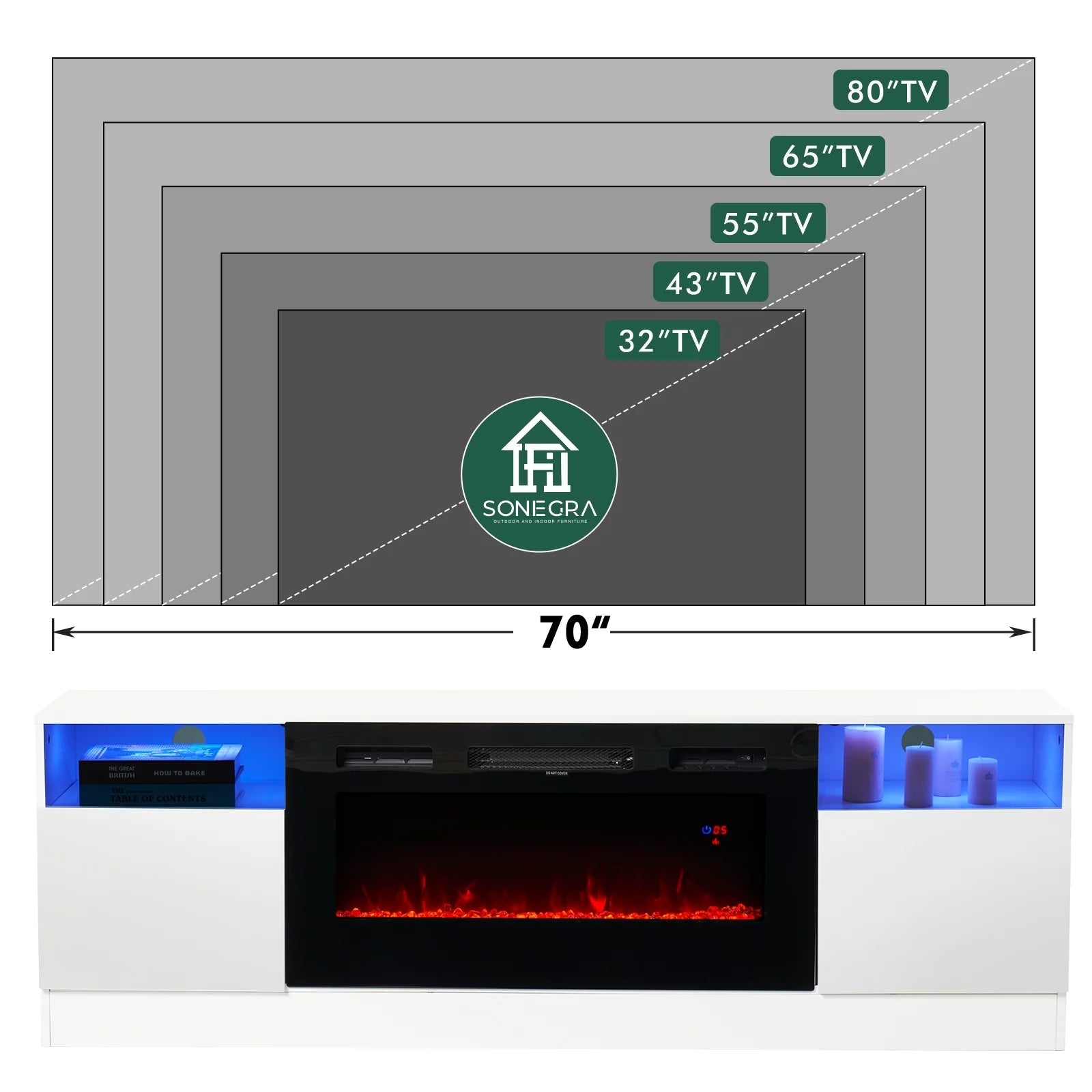 TV Stand with 36" Electric Fireplace, LED Light, for TVs up to 80", White