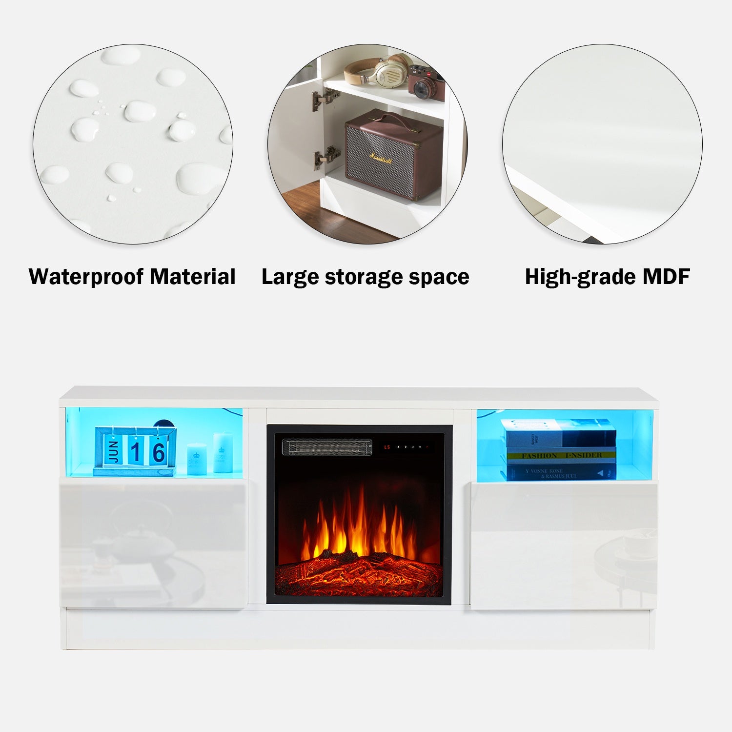 TV Stand with 18" Electric Fireplace, 58"Fireplace TV Stand with LED, Entertainment Center for TVs Up to 65" for Living Room, Bedroom, White