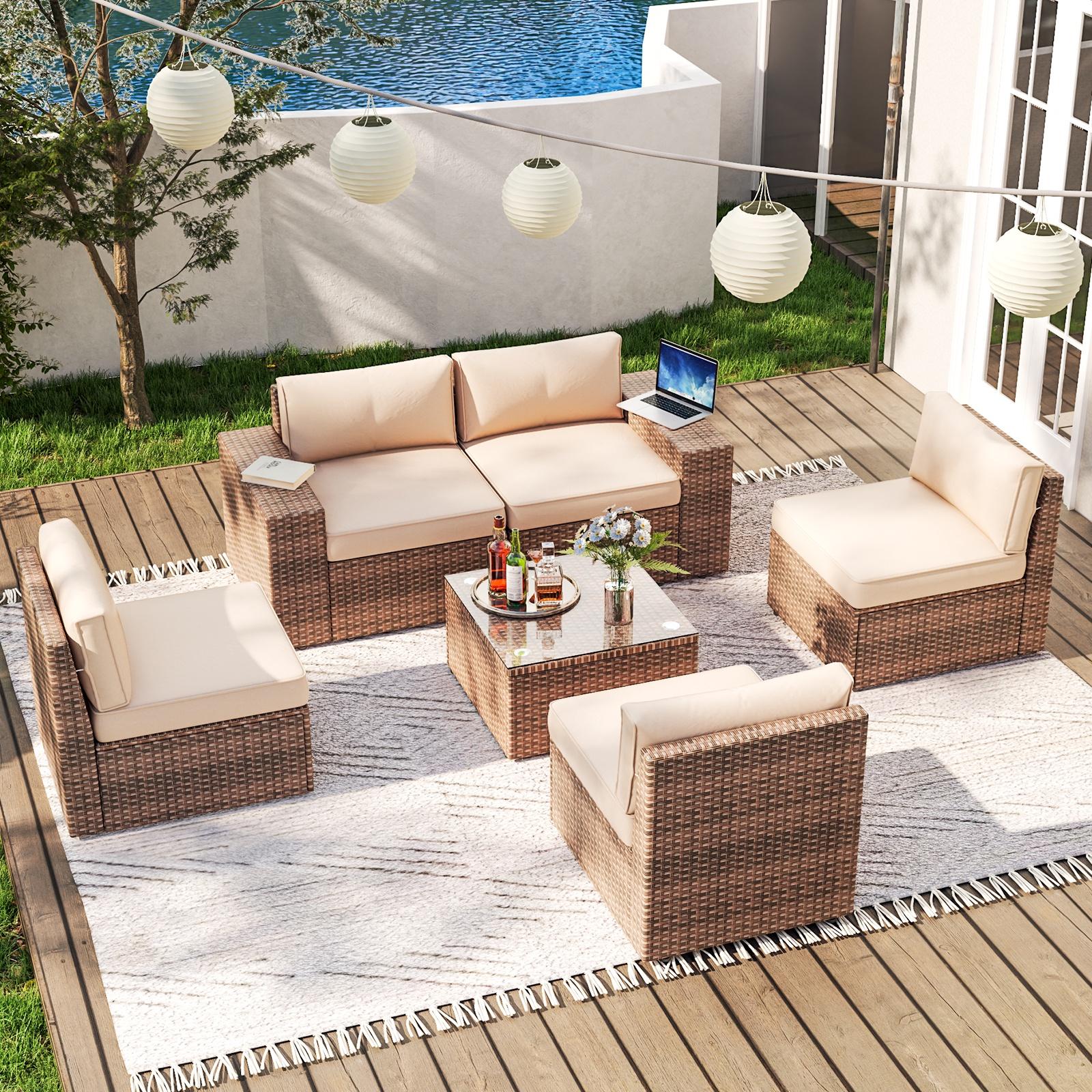6 Pieces Patio Furniture Sets, Outdoor Sectional Rattan Sofa Set, Patio Furniture Set with Coffee Table, Beige