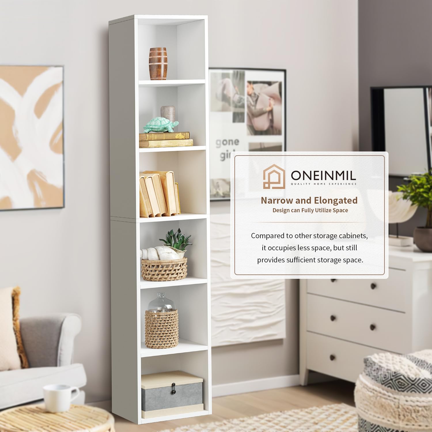 Oneinmil Tall Narrow Bookshelf Set of 2,6-Tier Cube Display Rack, Modern Corner Bookshelf with Storage Space, Storage Cabinet for Home Office,White