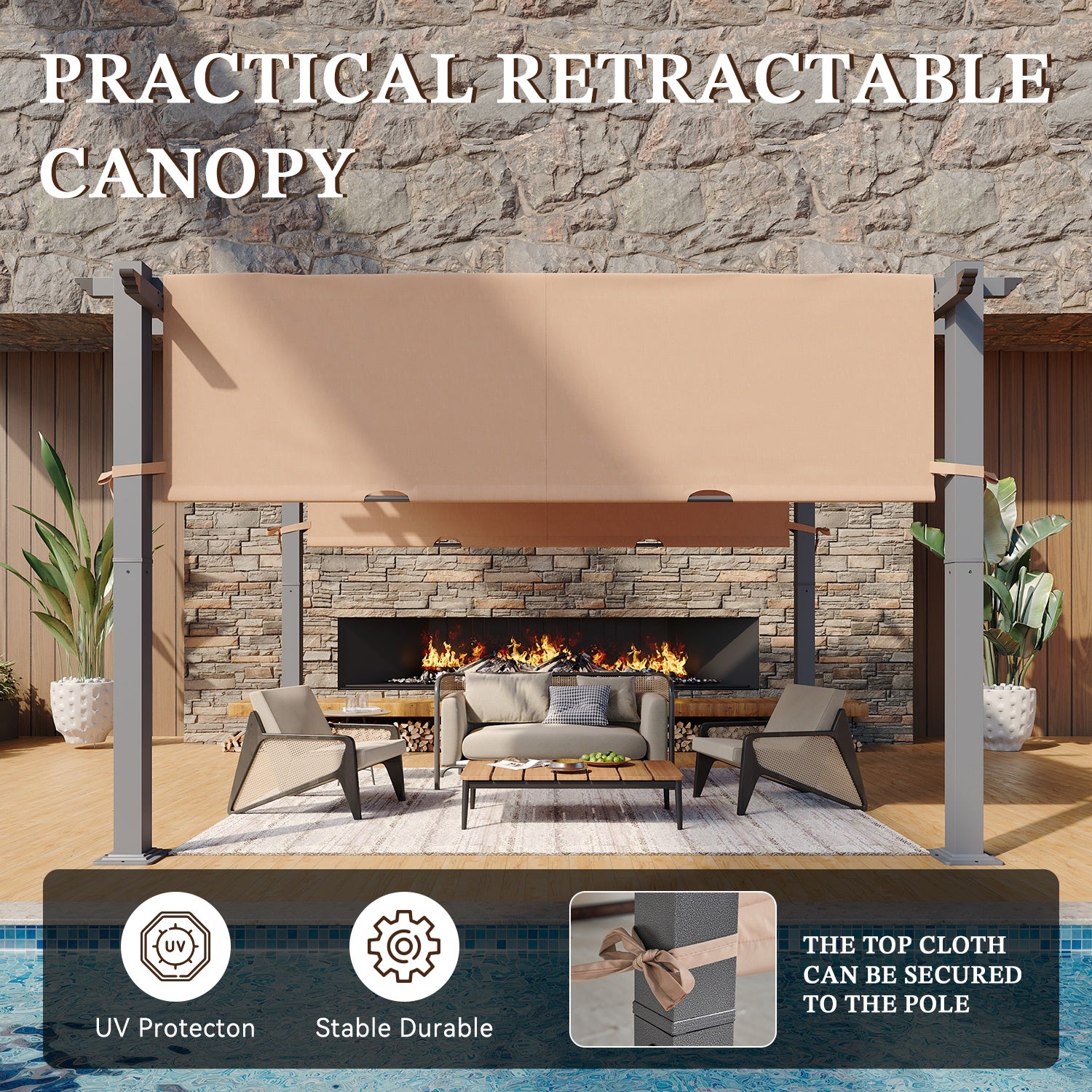 10x12Ft Outdoor Pergola, Patio Metal Pergolas Gazebos with Retractable Shade Canopy, Beige