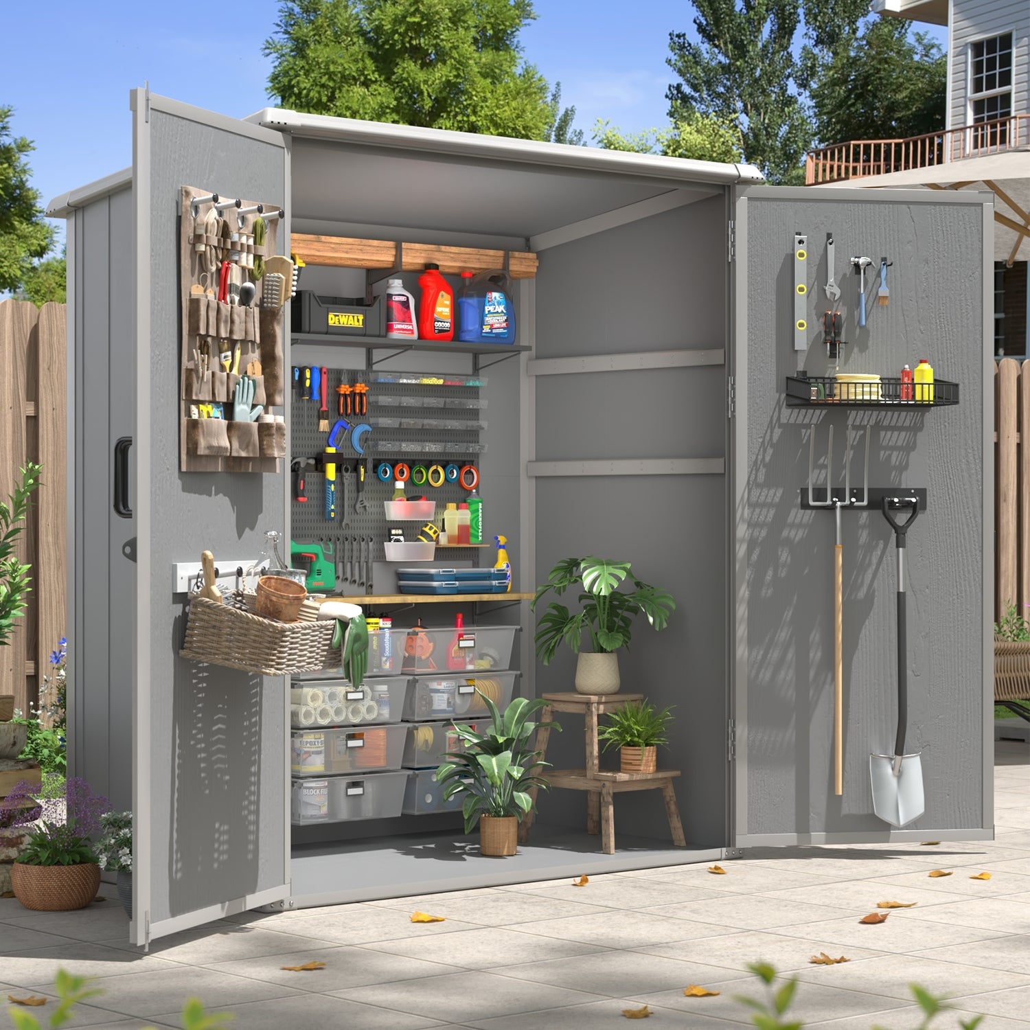 Aoxun 6x4 FT Outdoor Storage Shed, Plastic Garden Resin Shed with Floor and Window for Patio, Lawn, Outdoor Storage with Lockable Door for Bike, Garbage Can, Tools, Grey